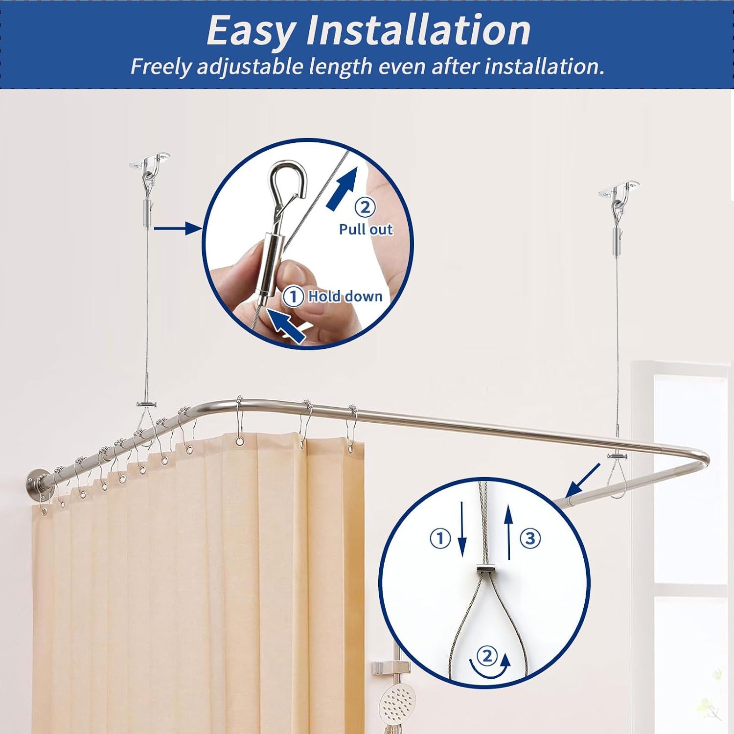 2-Pack Heavy Duty Ceiling Rod Support Bracket, 60" Adjustable Stainless Steel Cable Support for Shower Curtain Rods & Closet Rods, Anti-Sag Support for Curved, L-Shaped & Straight Rods