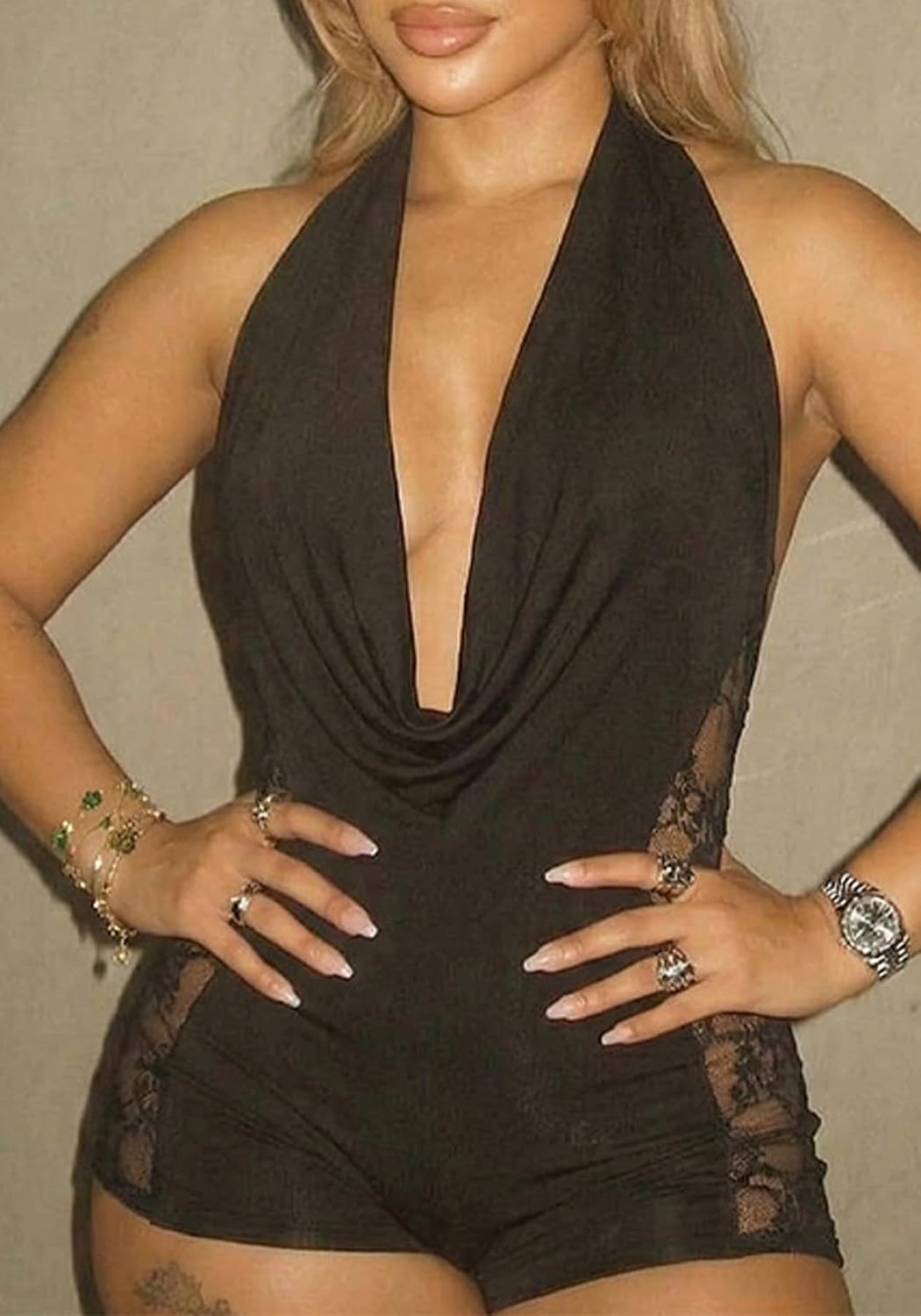 Womens One Piece Halter Shorts Romper Sexy Lace Backless Cowl Neck Jumpsuits Going Out Clubwear
