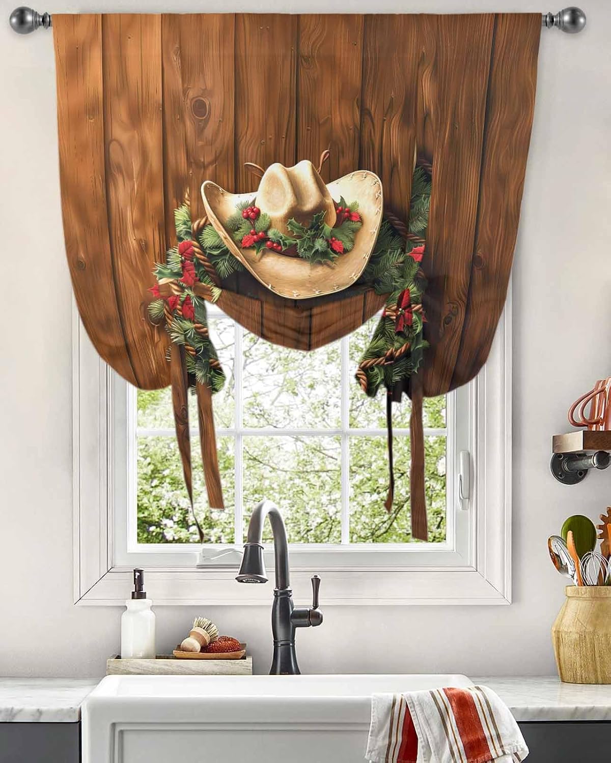 Christmas Cowboy Garland Tie Up Curtain for Window Blackout Balloon Valance Curtain for Bathroom Winter Xmas Berry Brown Wooden Grain Adjustable Window Shade for Kitchen Living Room Bedroom 52"Wx63"L