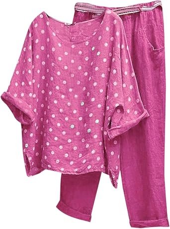 2 Piece Summer Outfits for Women Pants Sets Loose Baggy 3/4 Sleeve Linen Tops Casual Sets Plus Size Lounge Linen Set