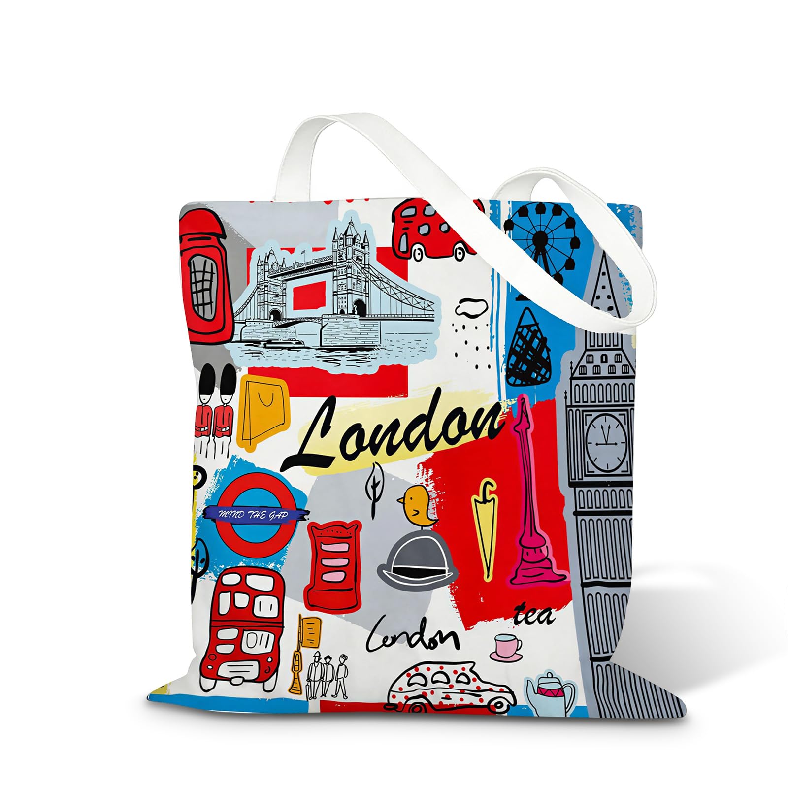 Nodrex London Tote Bag, Canvas Double-Sided Printed London Souvenirs Bag, Reusable Shopping Bag, London Souvenirs Gifts and British Gifts for Travel Daily Use
