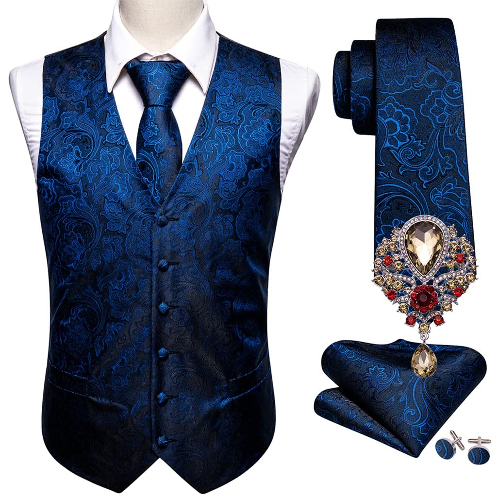 Costume de mariage gilet noir floral soie avec cravate et broches XXL
