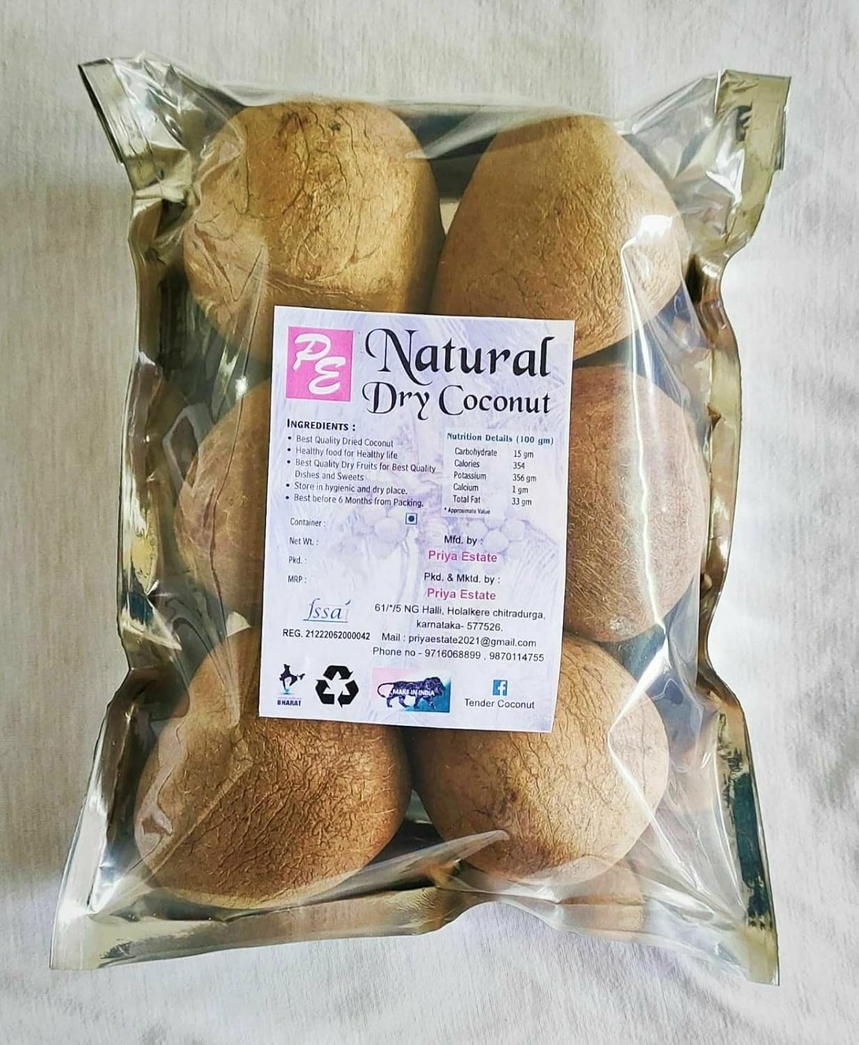 priya estate Natural Dry Coconut Sukha Gola From Bangalore, Tiptur