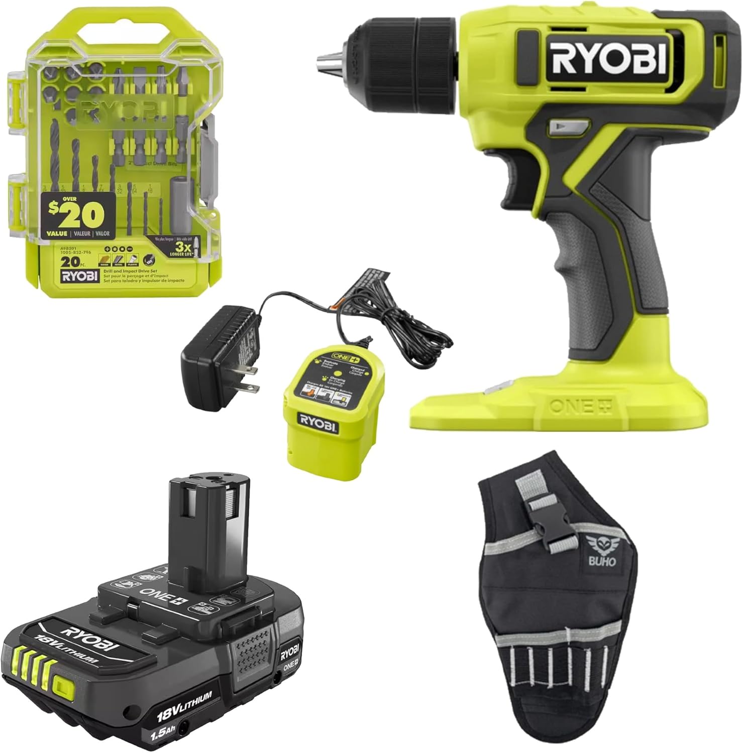 ONE+ 18V Cordless 3/8 in. Drill/Driver Kit with 1.5 Ah Battery, Charger, Drive Kit, and Buho Holster