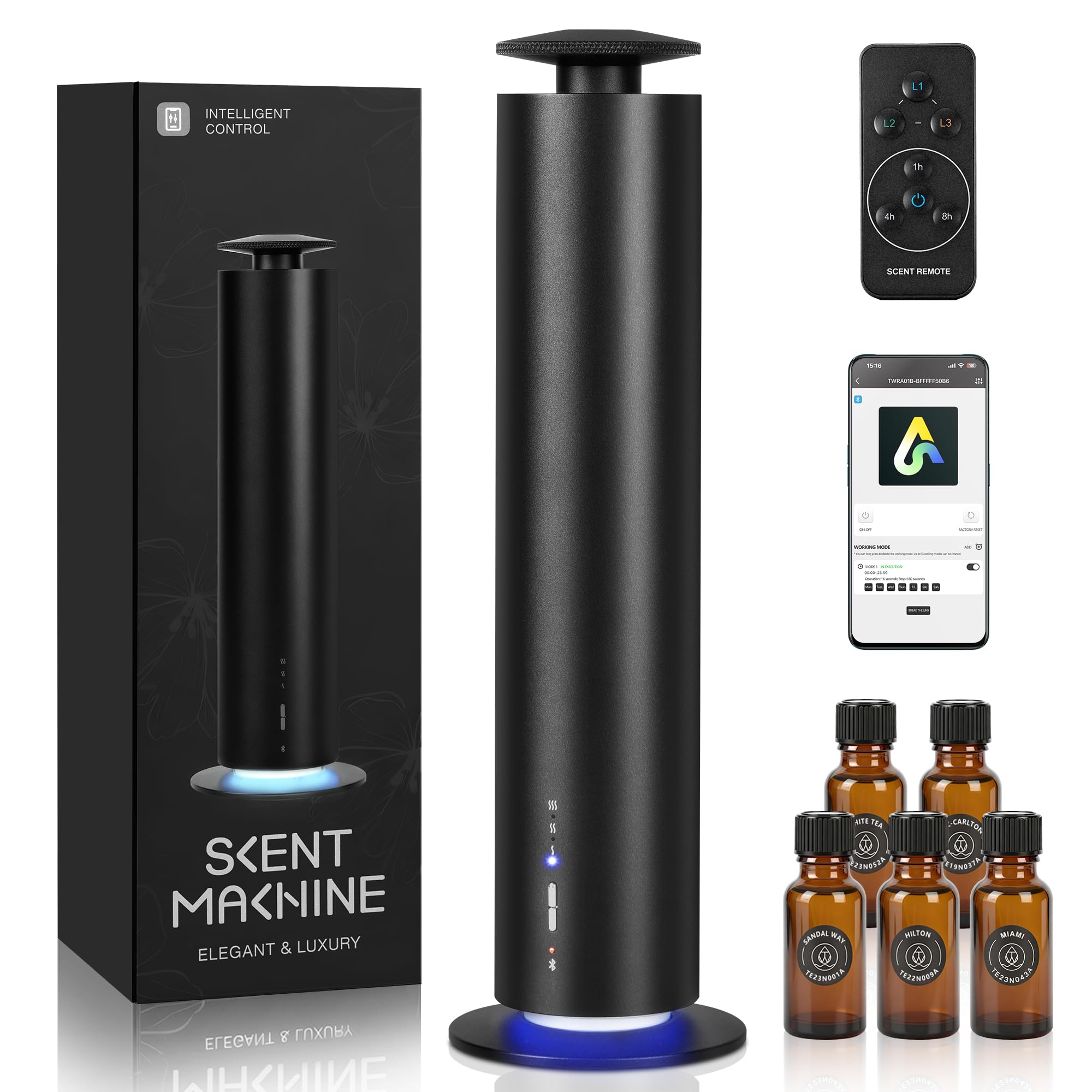 Photo 1 of ***LEAKS A LITTLE*** JEKAL Waterless Scent Diffuser Starter Kit with 5 Oils - Smart APP Cold Air Scent Machine, Up to 2000 Sq Ft for Homes Offices Hotels Spas - Quiet Essential Oil Diffuser 8H Battery 3-Color Light, Black
