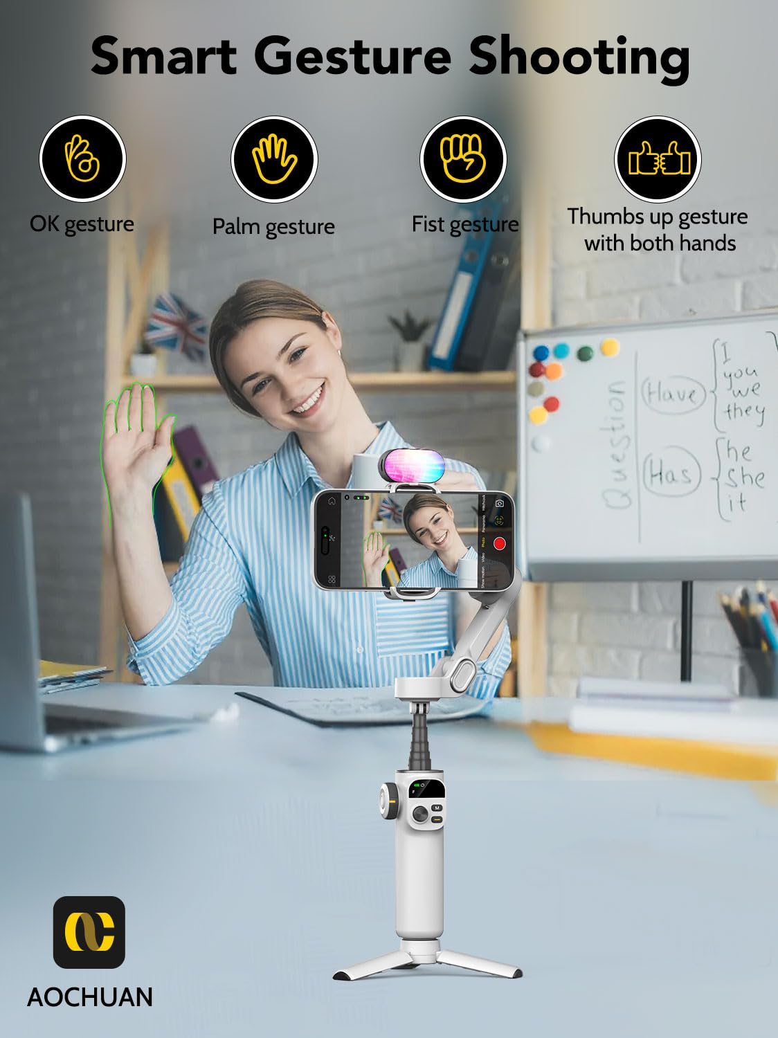 AOCHUAN Smart X2 Stabilizzatore cardanico per smartphone a 3 assi con luce di riempimento RGB, asta di prolunga integrata, cardano con schermo OLED per registrazione video su iPhone, X2 KIT bianco