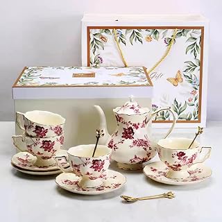 13-Piece Violet Rose Ceramic Tea & Coffee Set, Ivory Gold Trim with Teapot, Cups, Saucers & Spoons, Ideal for Ramadan & Wedding Gift Home Decor