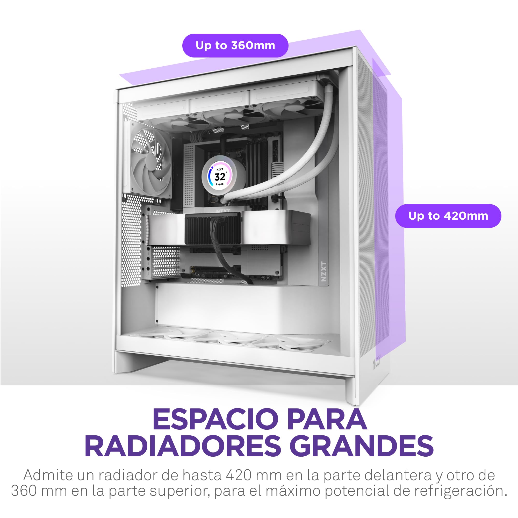 NZXT H7 Flow, 2024 Semitorre ATX Flujo de Aire, Admite 3 Ventiladores Inferiores 120 mm para gráfica, con 3 Ventiladores Frontales 120 mm, Admite radiador Frontal 420 mm, Blanco