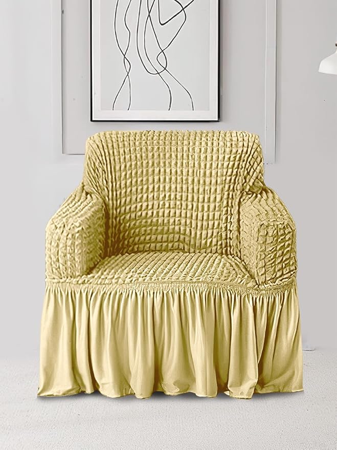 Amazon Brand - Solimo Bubble Sofa Cover with Skirt Polyester and Spandax Fabric Single Seater -Beige