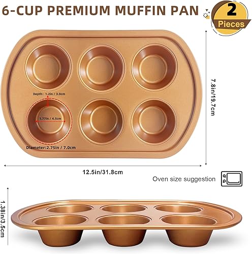 Miniatura 2 de Wokic Molde antiadherente para magdalenas, 6 tazas, bandeja para magdalenas, bandeja para magdalenas, apto para lavavajillas y resistente (dorado)