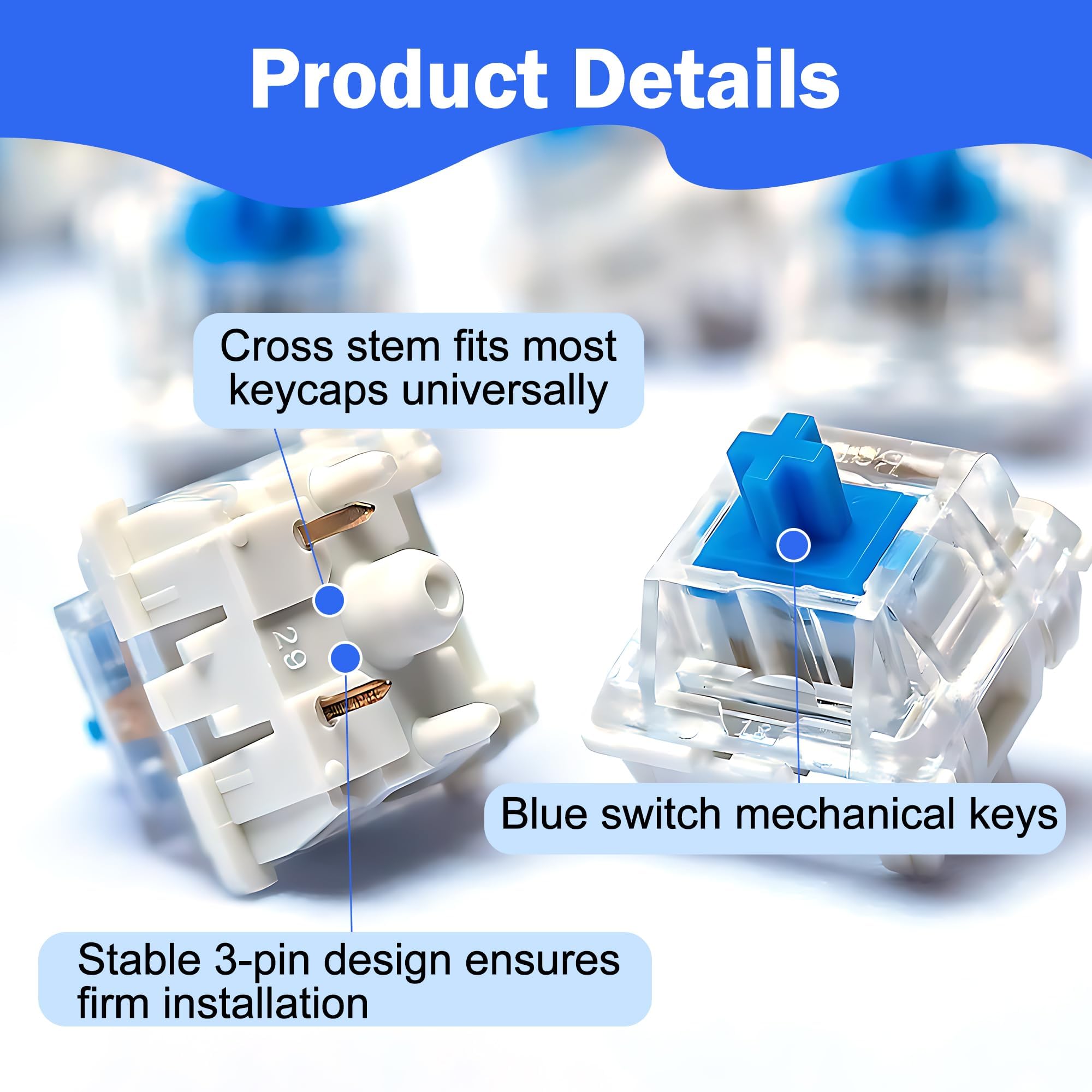 piercing 30Pc Blue Tactile Switches for Mechanical Keyboards, 3-Pin Clicky 1-Way Circuit, IP67 Rated — Amazon image 3