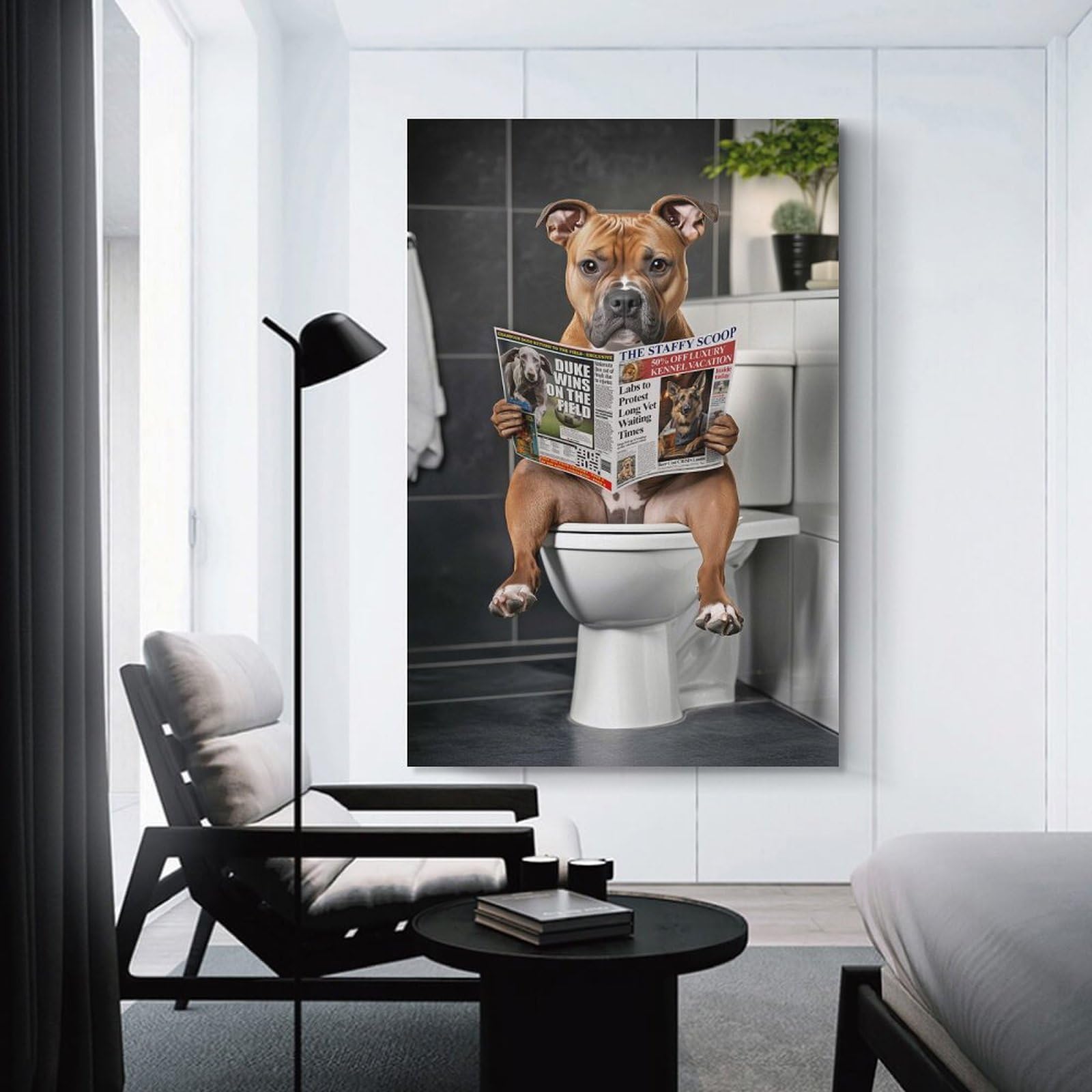 Junmoney Unframe-Style-14 Staffordshire Terrier On The Toilet Room Decor Wall Art 08X12inch(20X30cm), For Lounge Decor, Offices Or Entryway Styling, A Flexible Wall Accent For Shared Spaces