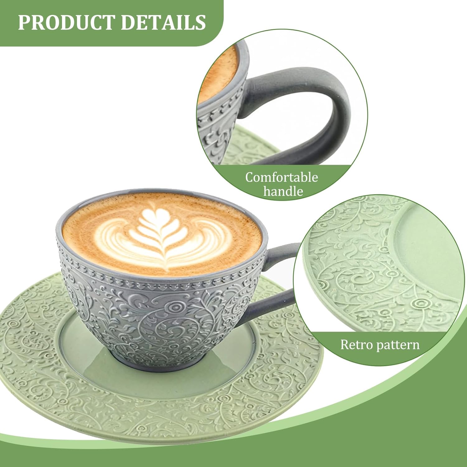 Sophisticated English Afternoon Tea Set, Good for Tea & Latte, Embossed Vintage Cup & Saucer in Slate Grey and Sage Green, 8.5oz Microwave & Dishwasher Safe Stoneware