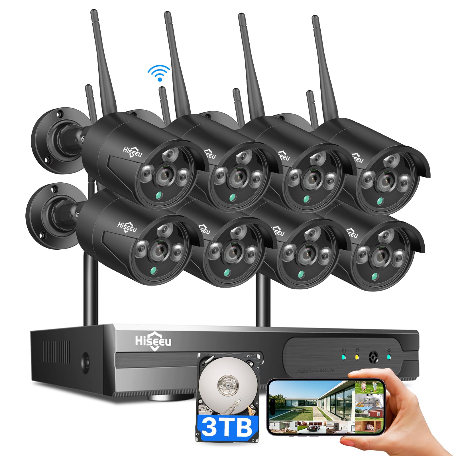 Hiseeu Wireless Security Camera Outdoor, 16CH 5MP WiFi Pro 8-Camera Kit, Wireless Security Camera System, Black Home Safety System, Need Plug-in,Motion, IP66, 3TB Storage, No Monthly Fees