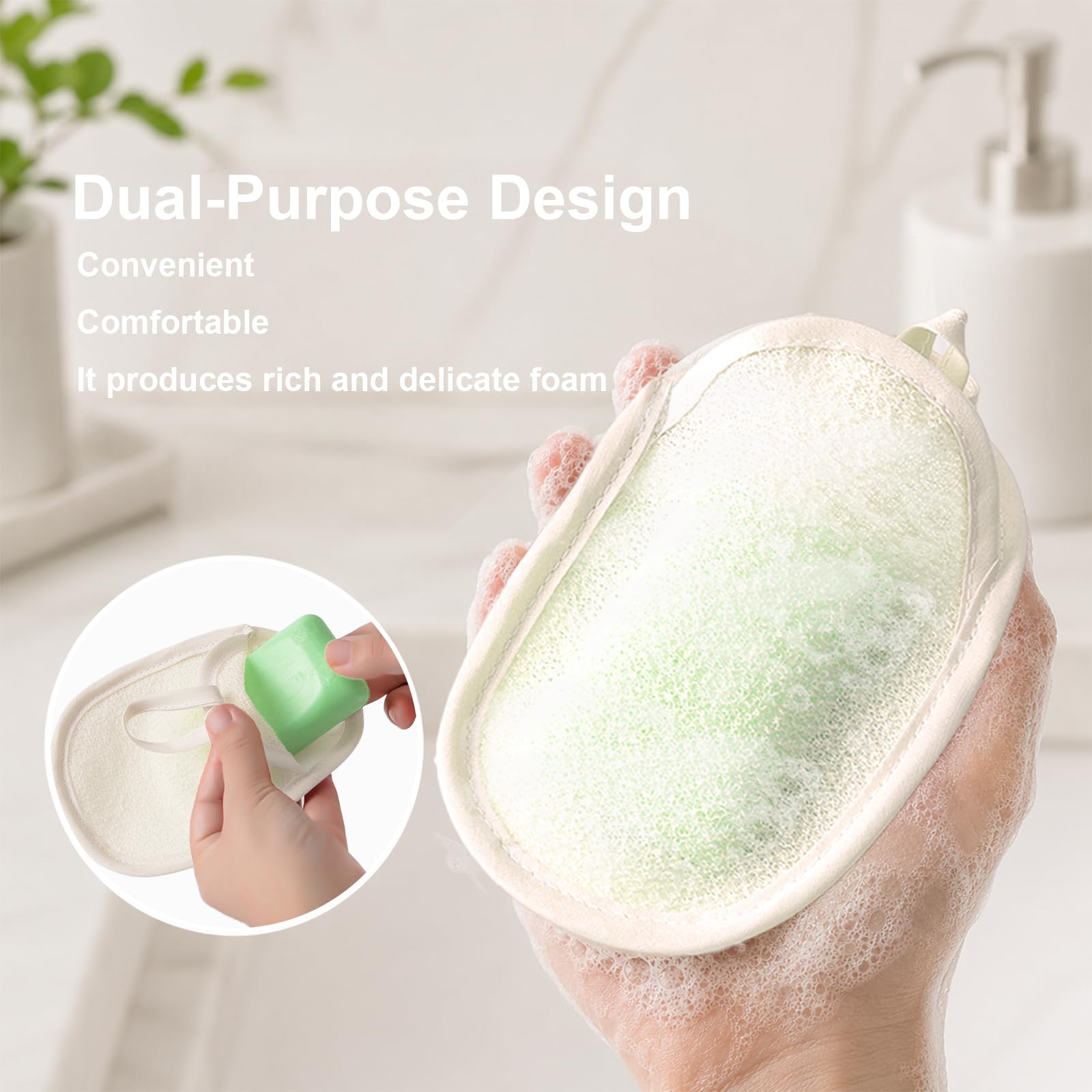 3 Pezzi Spugna Luffa Set Doppia Funzione Sacchetto Sapone con Cordino Morbido Guanto Esfoliante Corpo per Bagno e Doccia Resistente Spugna Doccia per Donne e Uomini (Beige)