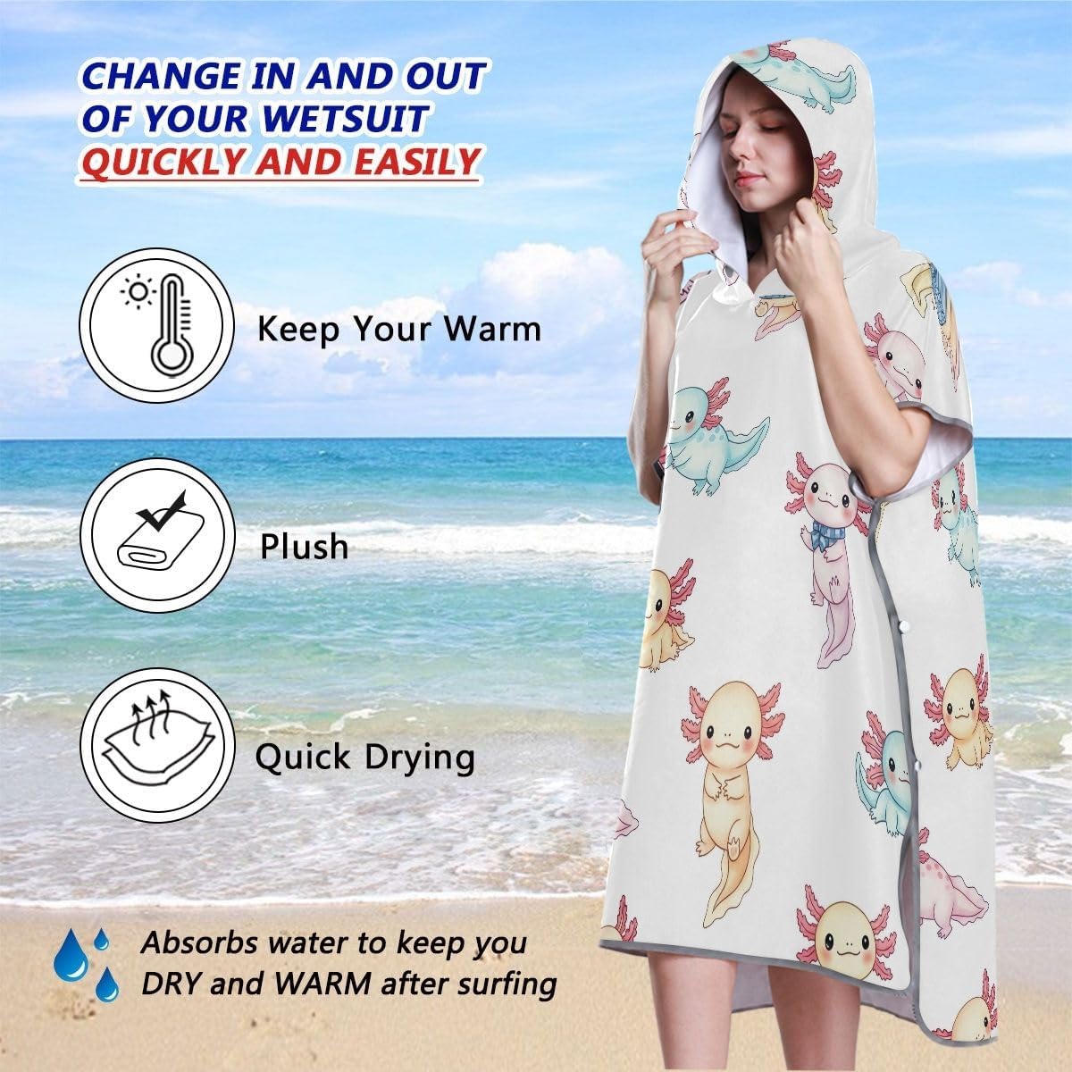 Joisal Changing Robe for Adults Surf Poncho Hooded Beach Towel Print Absorbent Cute Axolotl White Adult Ponchos for Women