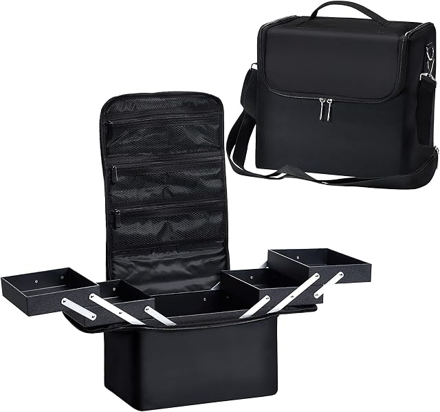 Vanity Case Makeup Storage Box Organiser Travel Train Case Luggage Makeup Case Make Up Beauty Box with Shoulder Strap, Large Size:27.5x19.5x24.5cm, Black