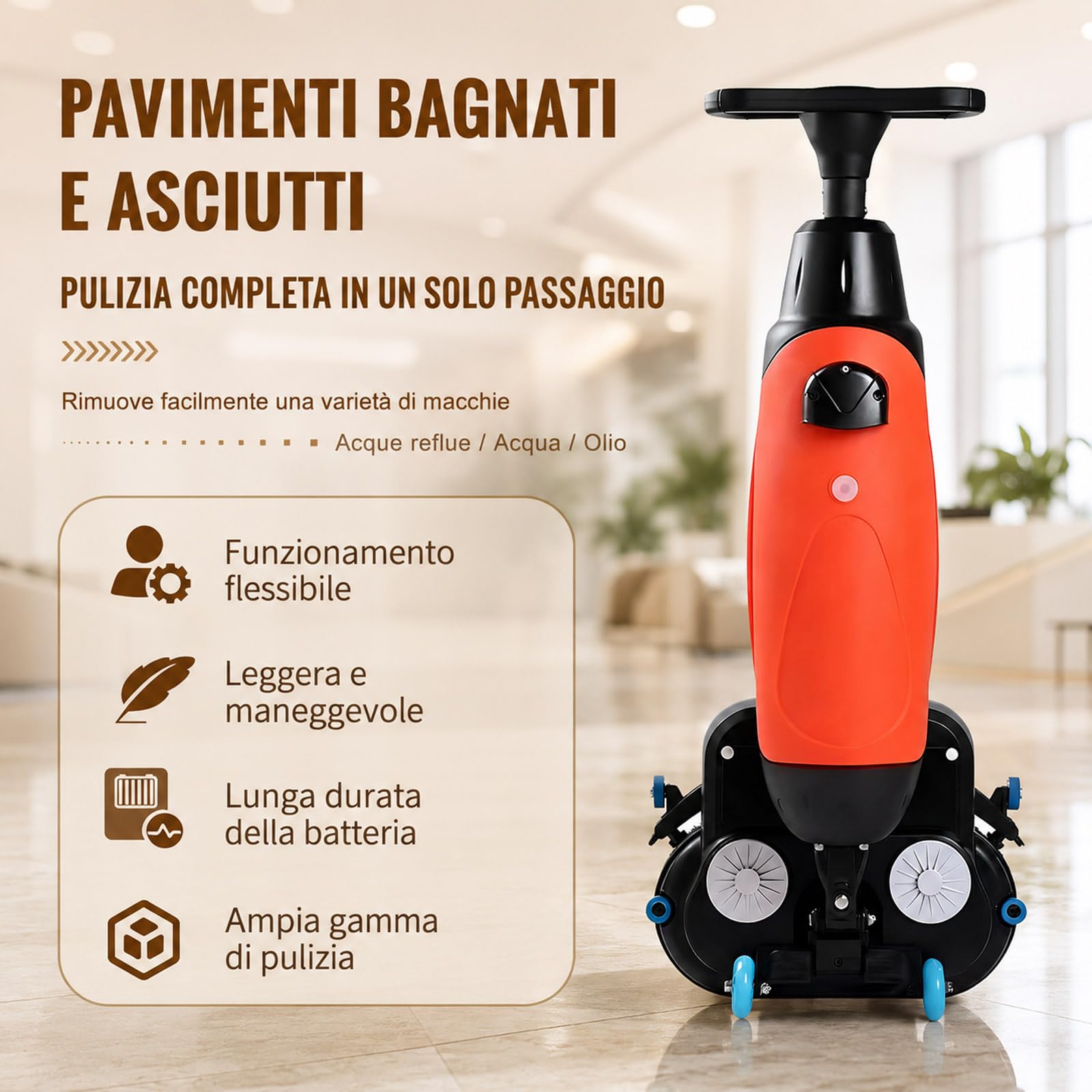 Lavasciuga Pavimenti Professionale Da 17", Pulizia a Umido e a Secco, 350 Giri/Min, Copertura 1200 M²/H, Batteria Al Litio Ricaricabile Senza Fili, Per Pavimenti in Legno, Piastrelle, Bianco-220V