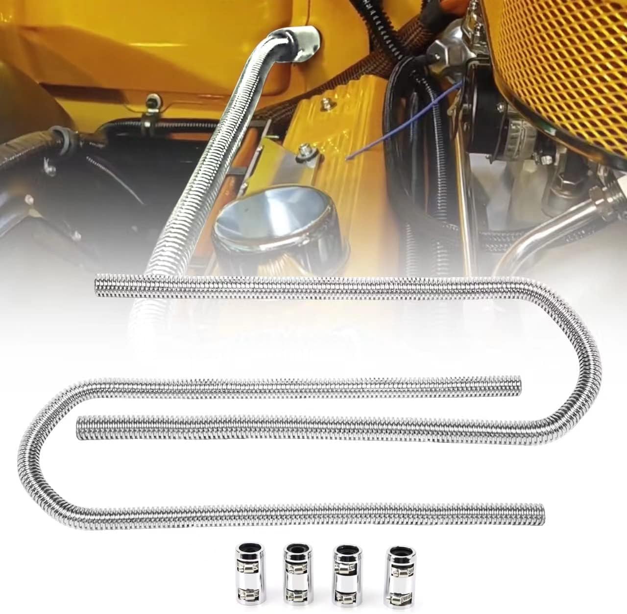 iRKY 44" Stainless Steel Flexible Heater Hose Kit - Universal Radiator Hoses for 5/8" & 3/4" Necks, 2 Hoses + Chrome Caps