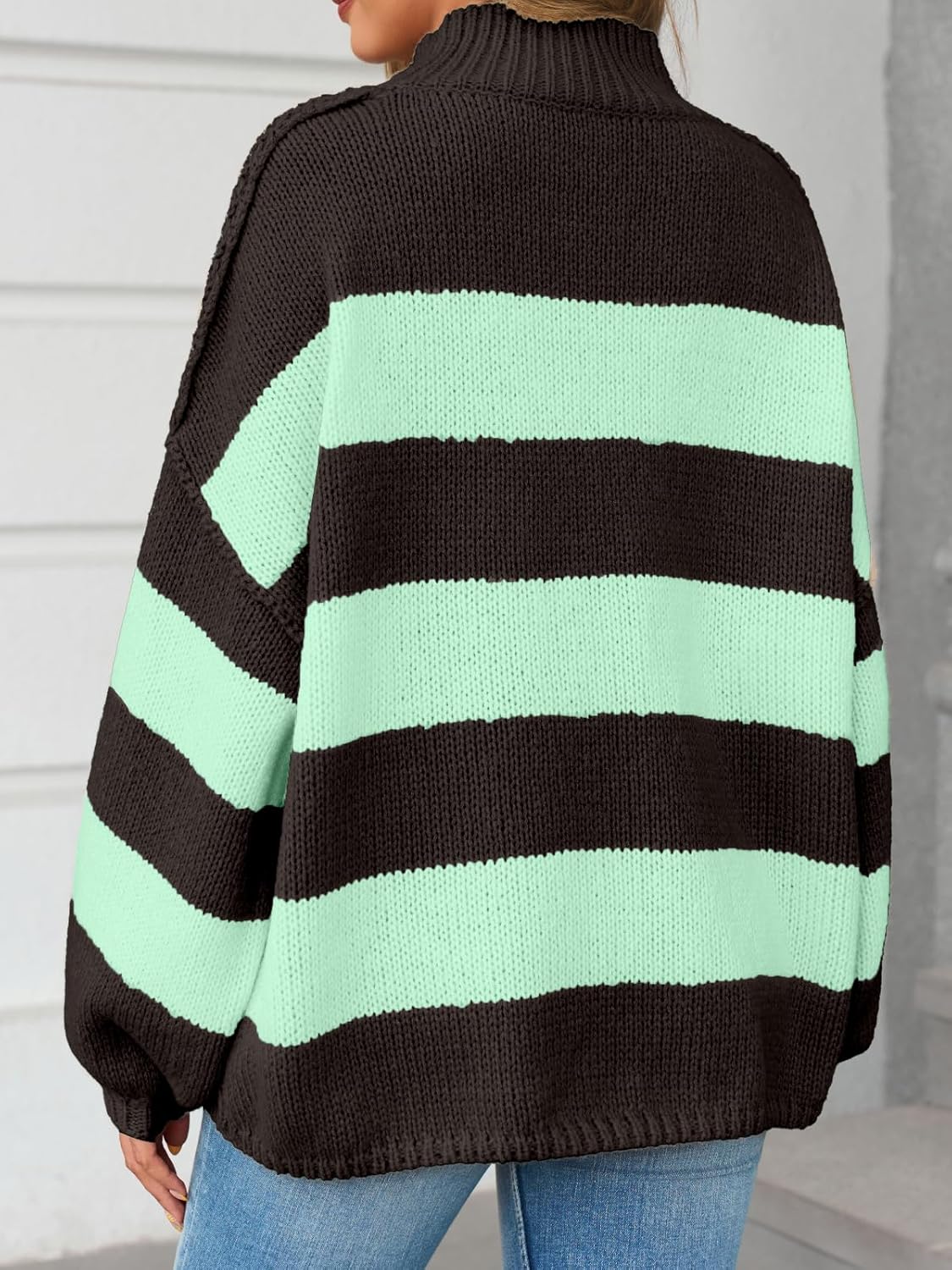 Saodimallsu Womens Oversized Striped Sweater Mock Neck Chunky Knit Lantern Long Sleeve Fall Trendy Tunic Sweaters Top - Image 5