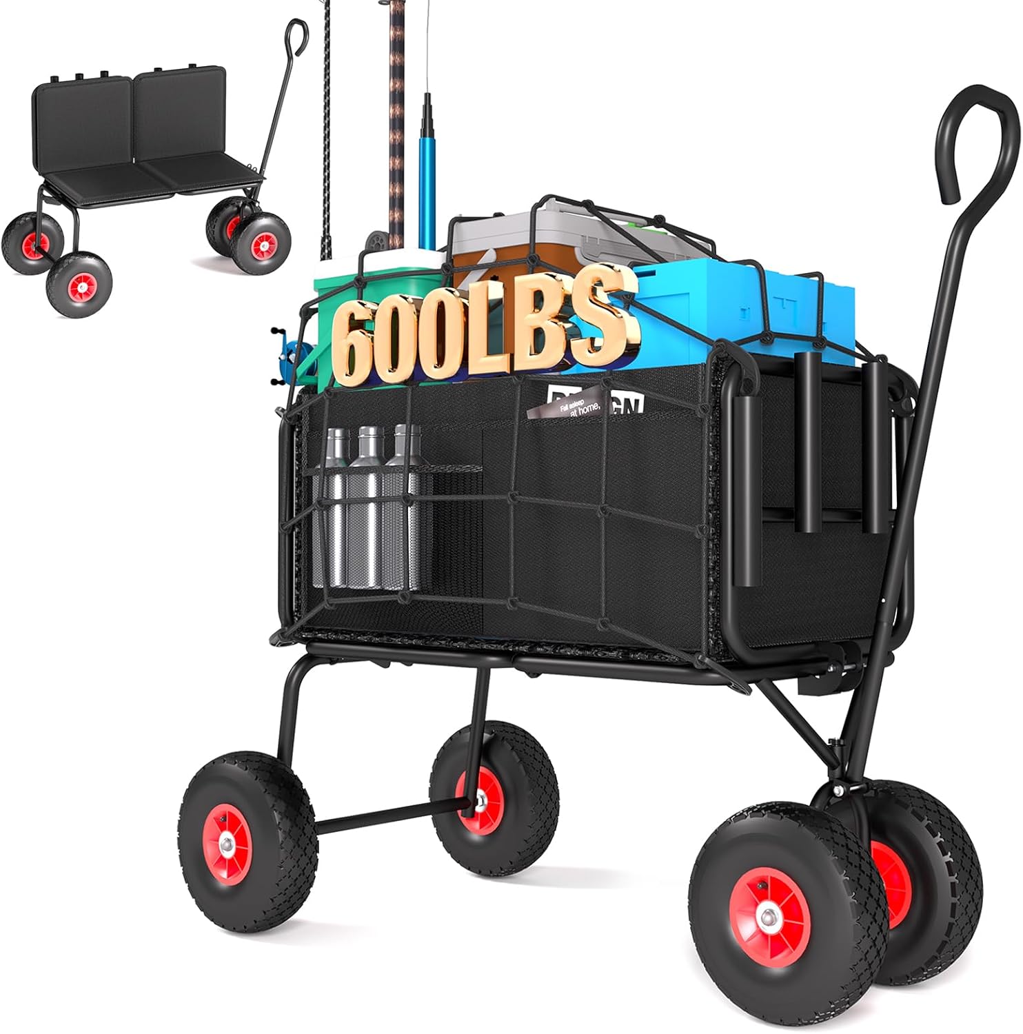 3 in 1 Fishing Beach Cart, Foldable Cart Wagon w/All Terrain Inflatable Tires, Heavy Duty Garden Carts, Convert to Chair or Bench with Cushion, Rod Holders and Durable Oxford Bag