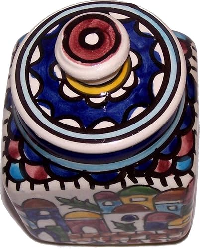 Miniatura 3 de Holy Land Market Jerusalem - Azucarero de cerámica  Maceta cuadrada pintada a mano con tapa (4 pulgadas)  Diseño panorámico de la ciudad vieja