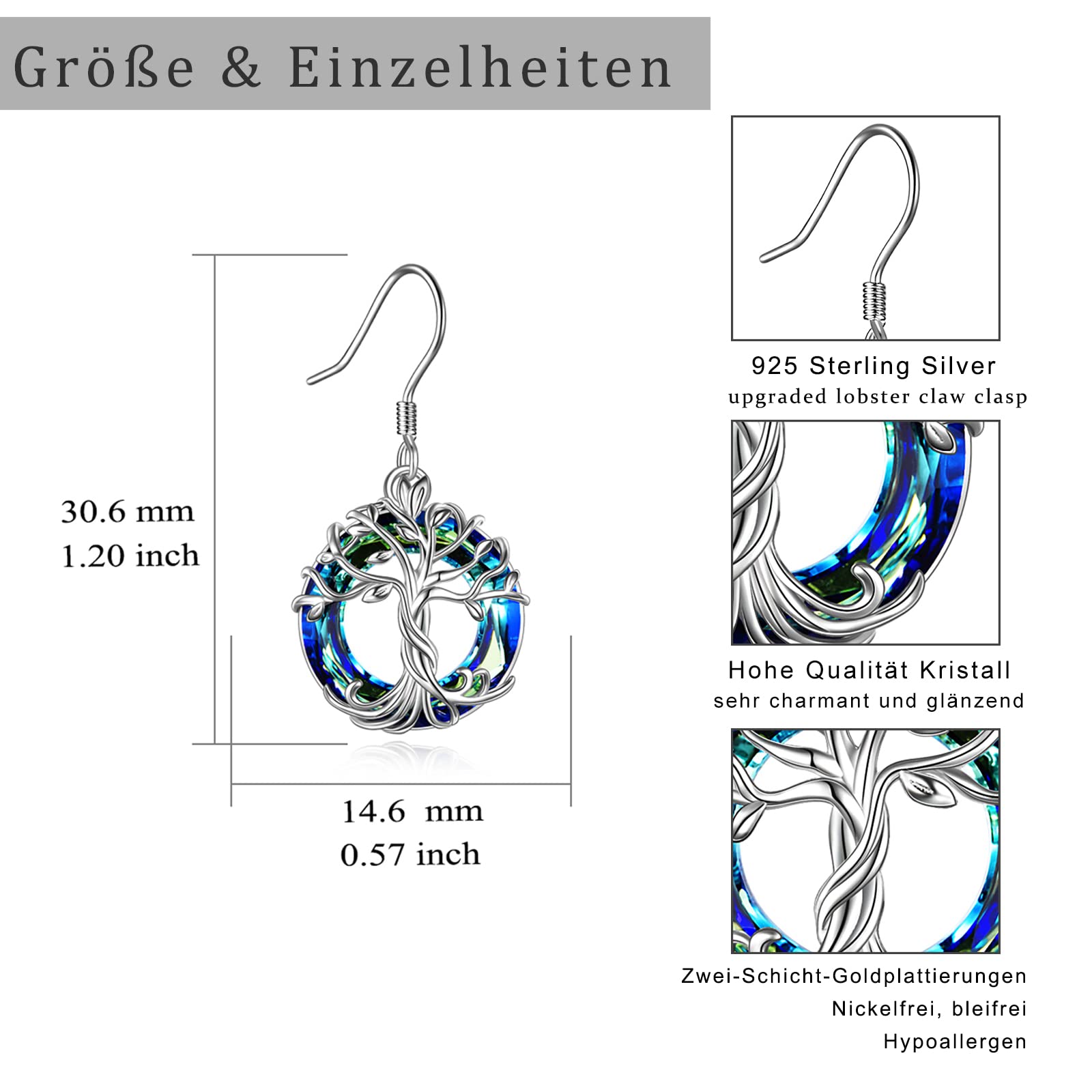 TOUPOP Orecchini pendenti a forma di albero della vita, in argento Sterling, con cerchio di cristallo, idea regalo per donne, adolescenti, compleanni, argento Sterling, cristalli, Argento sterling,