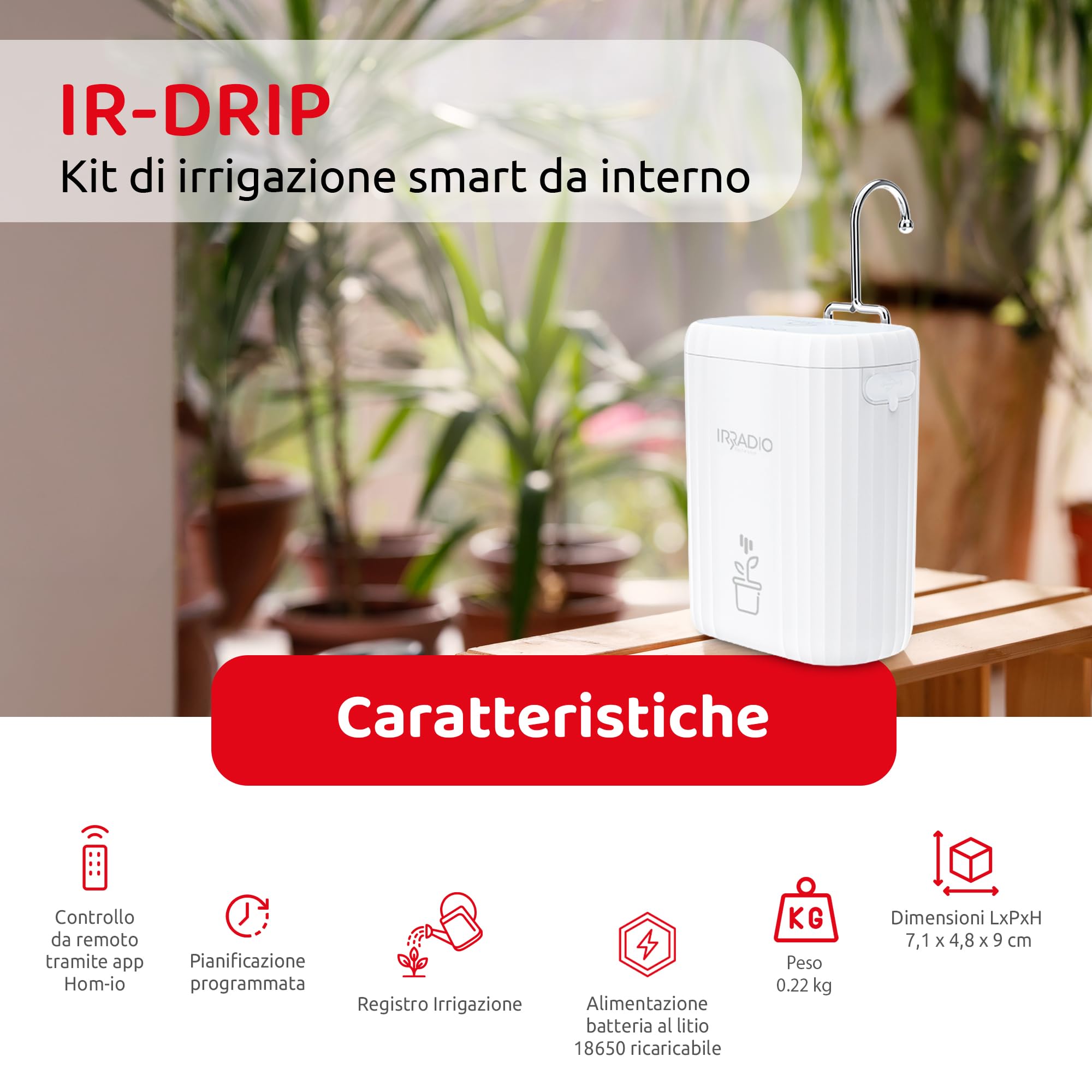 IRRADIO IR-DRIP Kit irrigazione smart WiFi per piante da interno e balcone | Estensione massima 15mt | Alimentazione con batteria ricaricabile | Controllo tramite APP