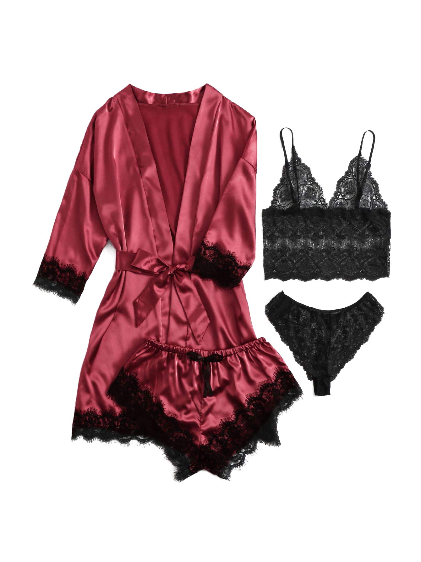 SOLY HUXWomen's Satin Pajama Set 4pcs Floral Lace Trim Cami Lingerie Sleepwear with Robe