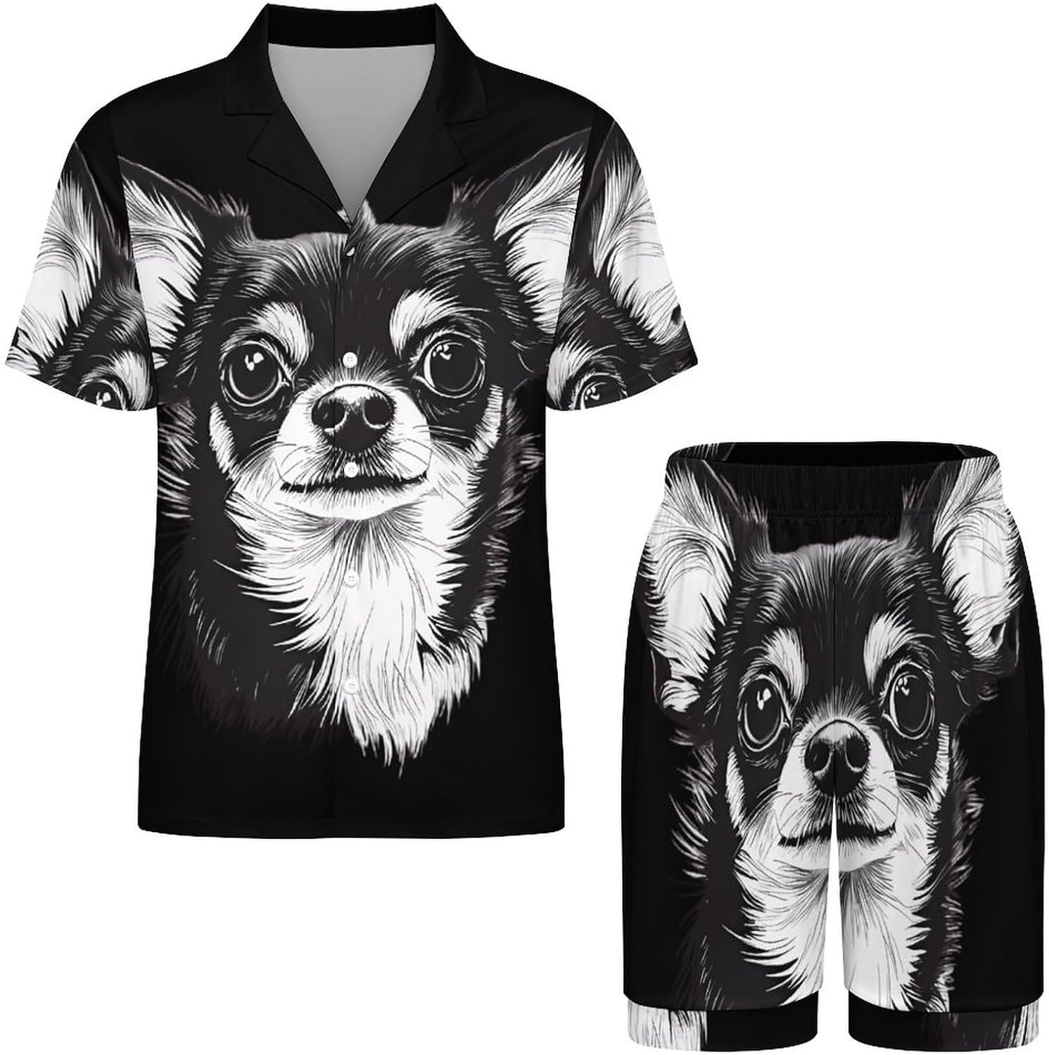 Black White Chihuahua Dog Men's Short Sleeve Pajama Set Satin Silk Like Lounge Sleepwear