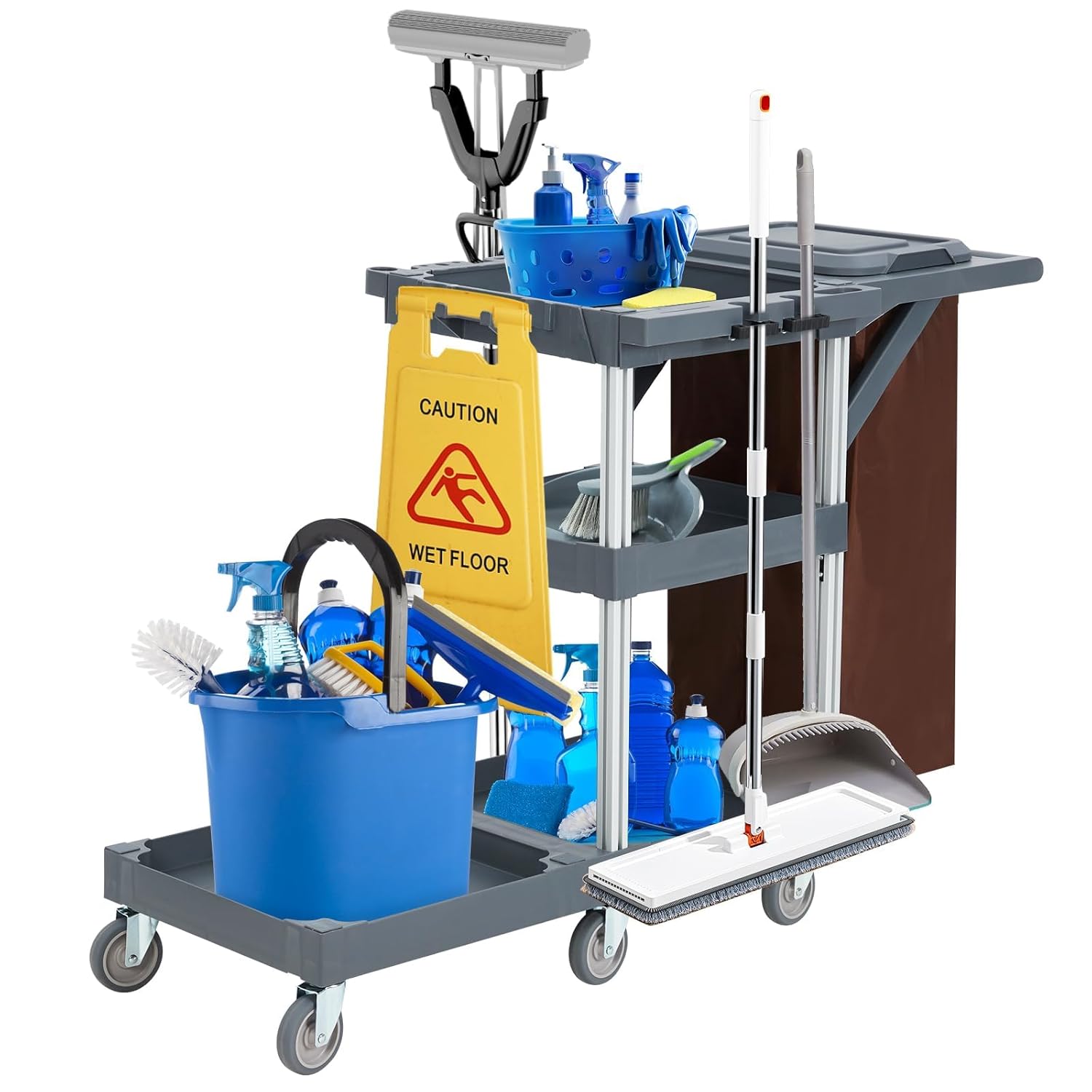Commercial Traditional Cleaning Janitorial Cart, 3-Shelf Cleaning Cart on Wheels with Cover and Vinyl Bag, Housekeeping Carts for Hotels Stores Schools and Business