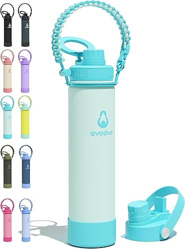 Miniatura 36 de Botella de agua aislada avodvo de 12 onzas con 2 tapas (tapa con popote y boquilla de 2 en 1, tapa magnética), botella de agua para niños con Azul