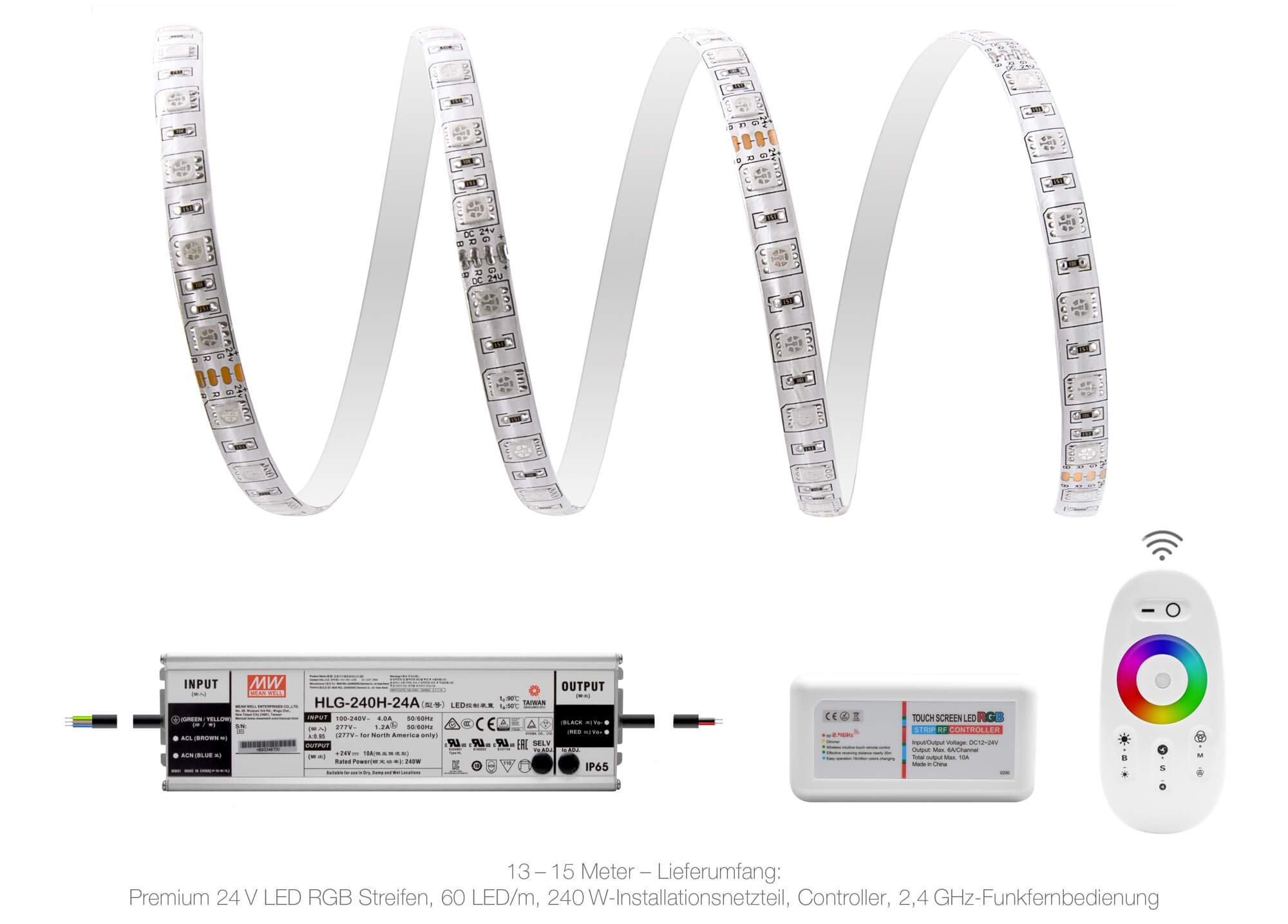 14 metros profesional RGB Tira LED (60 LED/M, IP65, 24 V), con controlador, mando a distancia y 240 W Instalación Fuente