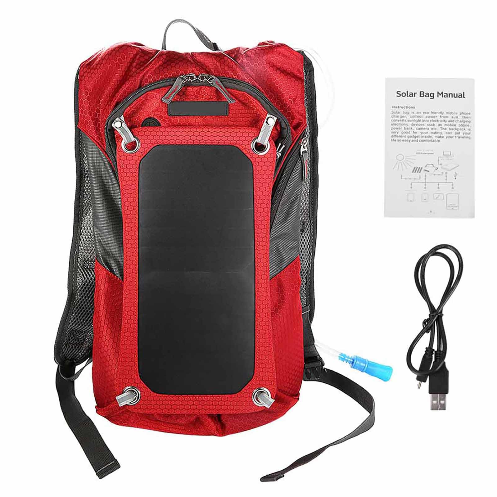 POENVFPO Mochila Solar, Bolsa de Energía Solar de Nylon Portátil con Panel Solar de 6.5W y Bolsa de Agua de 2 litros para Viajar en Ciclismo Al Aire Libre
