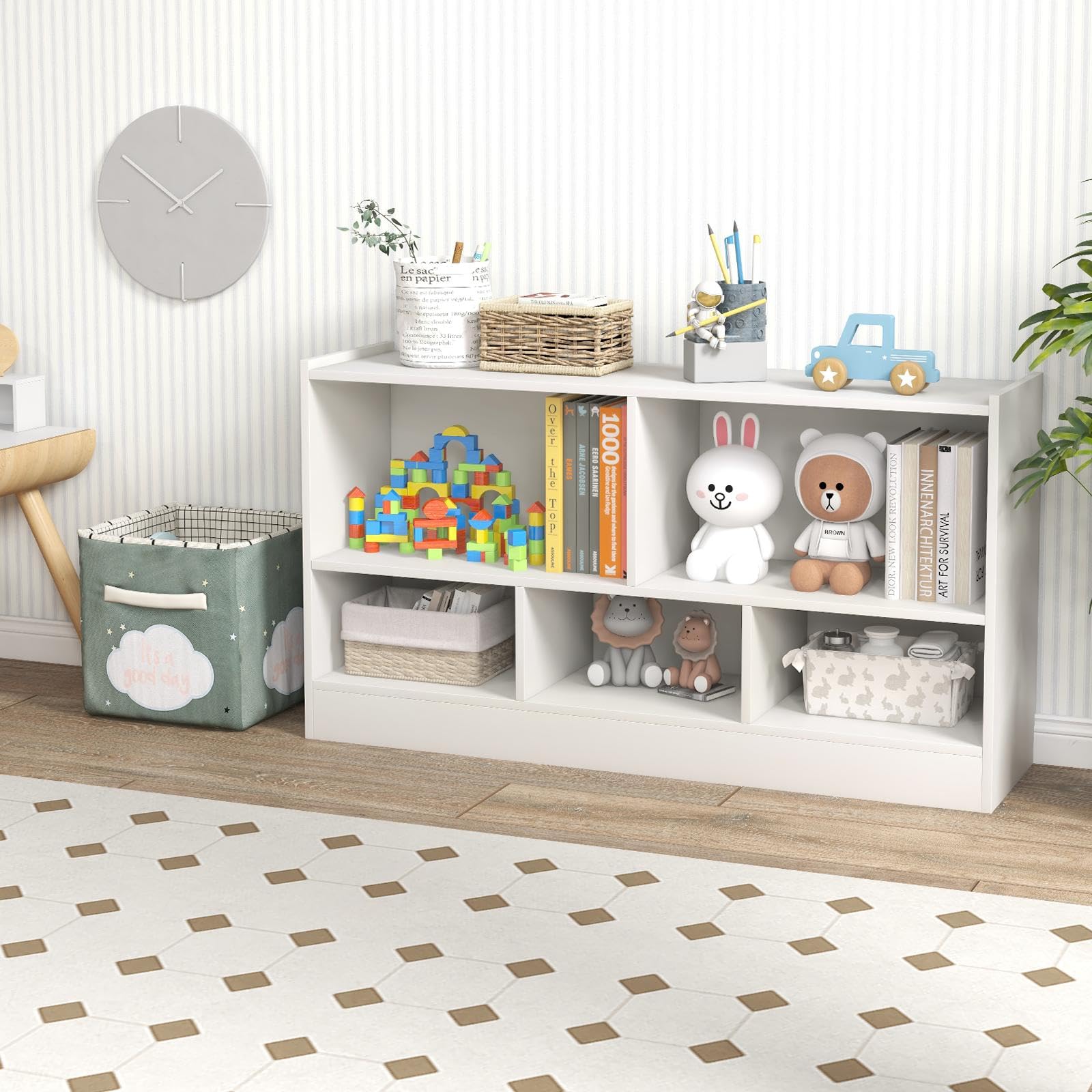 KOMFOTTEU Libreria Aperta, 5 Armadietti di 2 diverse dimensioni, mobile portaoggetti in legno con gambe antiscivolo, per libri e giocattoli, 111 x 30 x 61,5 cm (Bianco)