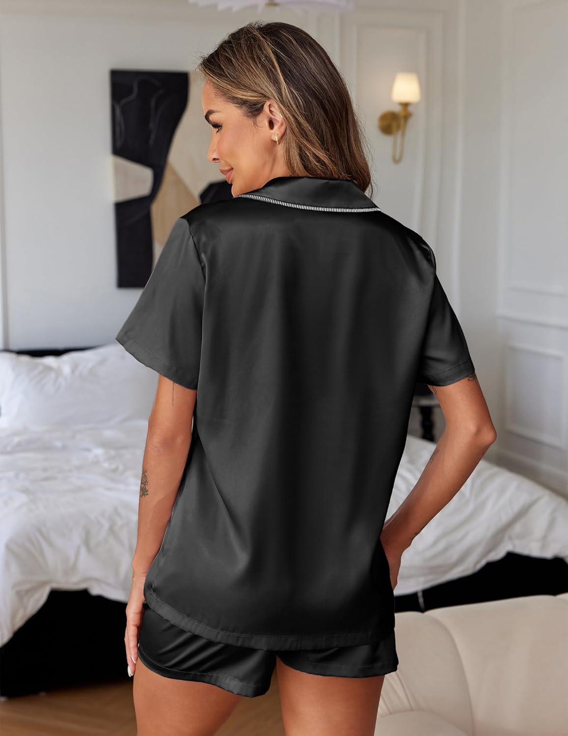 Ekouaer Womens Silk Satin Pajamas Set 2 Piece Pjs Short Sleeve Sleepwear Button Down Top and Shorts Loungewear S-XXL - Image 2