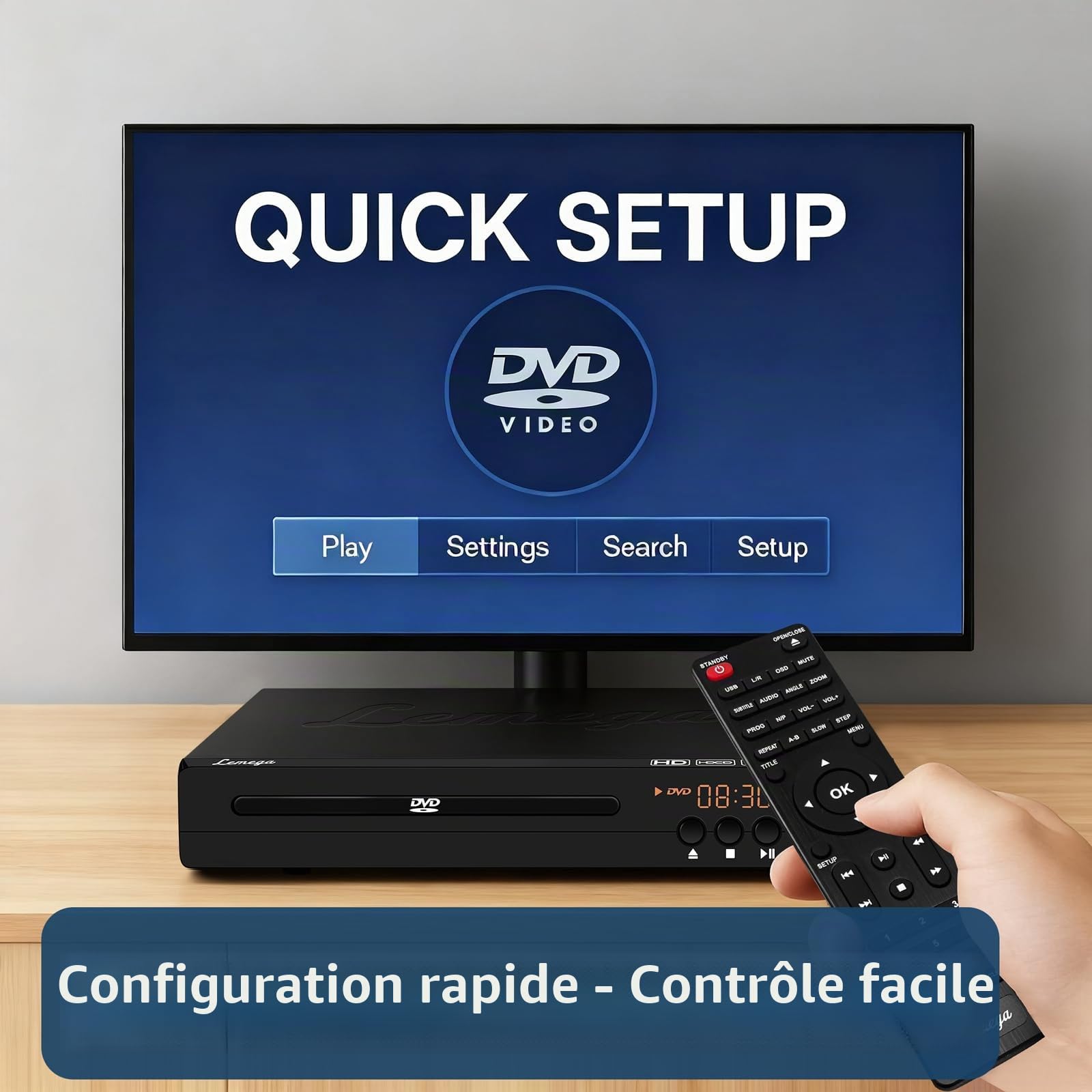 Lemega PlayHD Lecteur DVD – Lecteur vidéo multi-régions sans région avec sortie HDMI et mise à l'échelle 1080p, lecture USB/CD, ports RCA/AUX, design compact pour TV et Smart TV, câble HDMI inclus