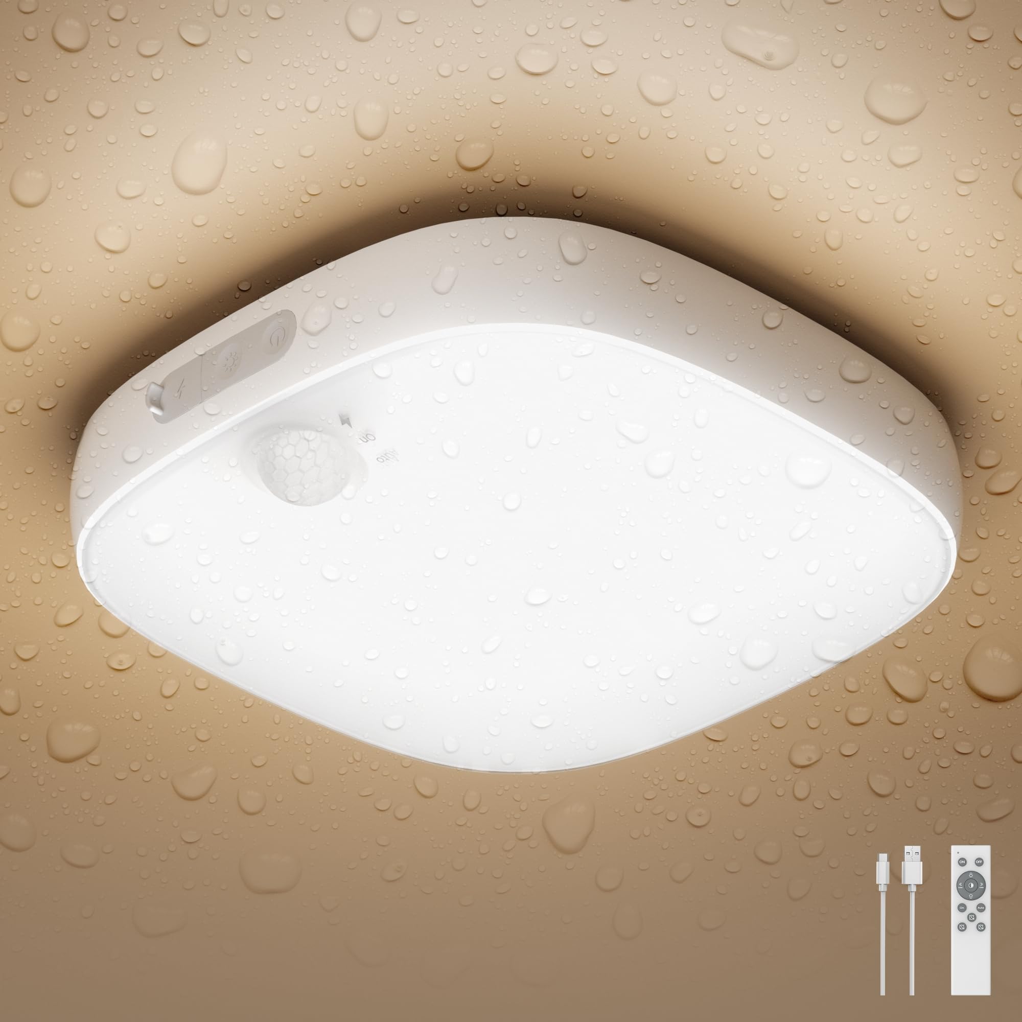 FULEN Motion Sensor Ceiling Light, Rechargeable Closet Light with 10000mAh Battery, LED Shower Lamp for Bathroom,IP65 Waterproof, Cordless Ceiling Lamp with RGB Colors, Remote Control