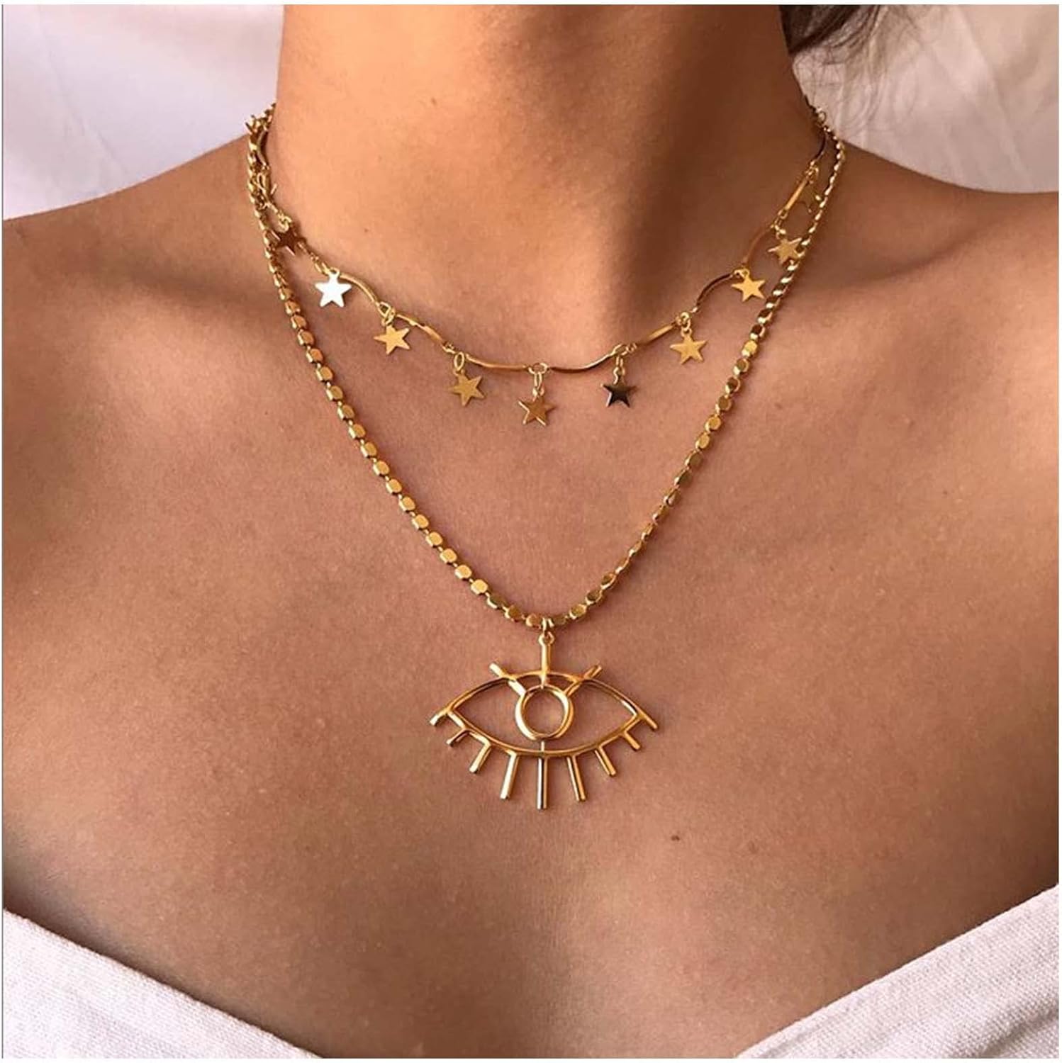 Large Evil Eye Pendant Necklace Gold Dangle Star Choker Necklace Boho Layered Necklace Eyelash Necklace Chain Jewelry for Women Protection Necklace Gifts - Image 2
