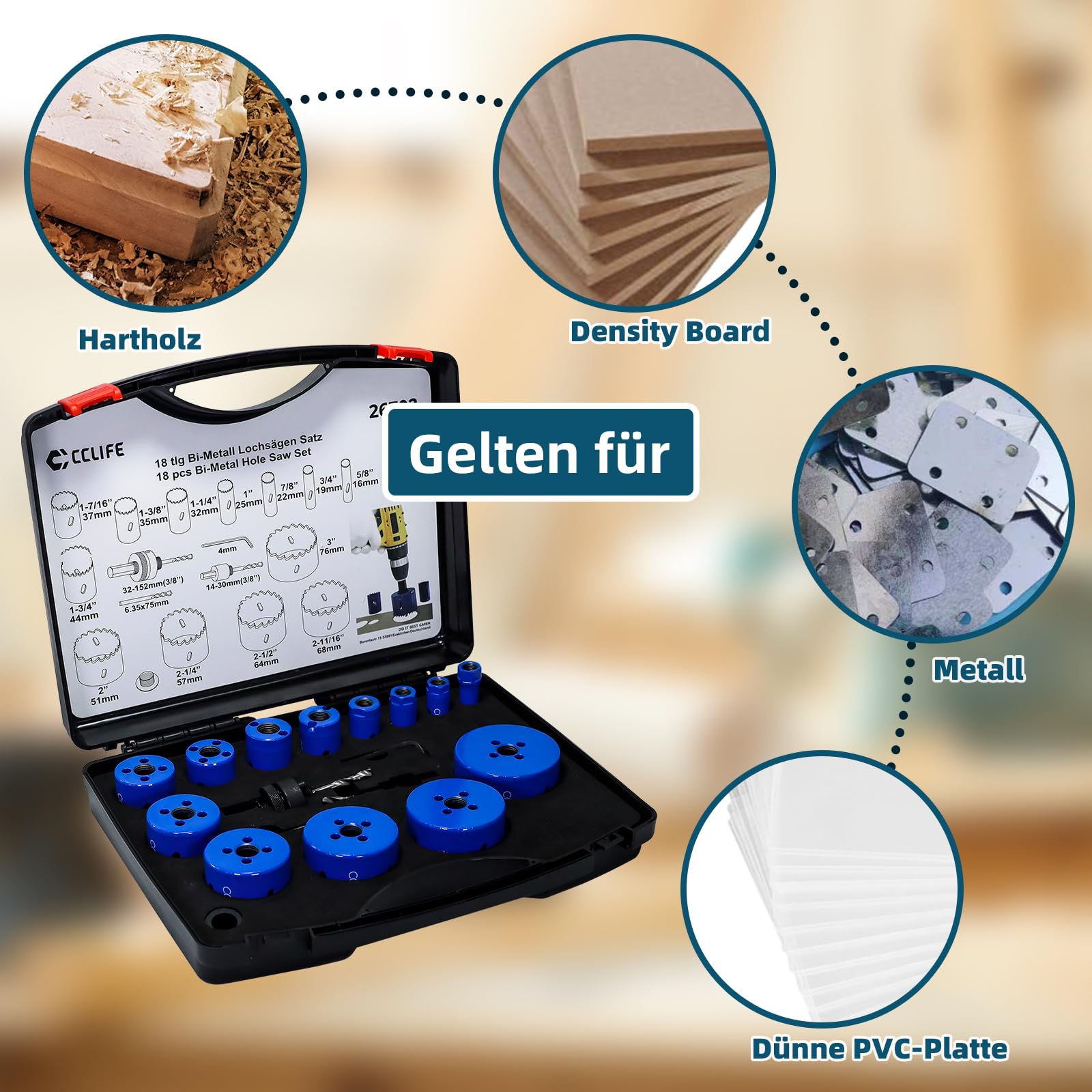 CCLIFE Set di seghe a tazza bimetalliche M3 HSS-Co, 18 pezzi, diametro 16 | Punta a tazza bimetallica ottimizzata con dentatura anti-gancio per legno, plastica, PVC. Bassa vibrazione
