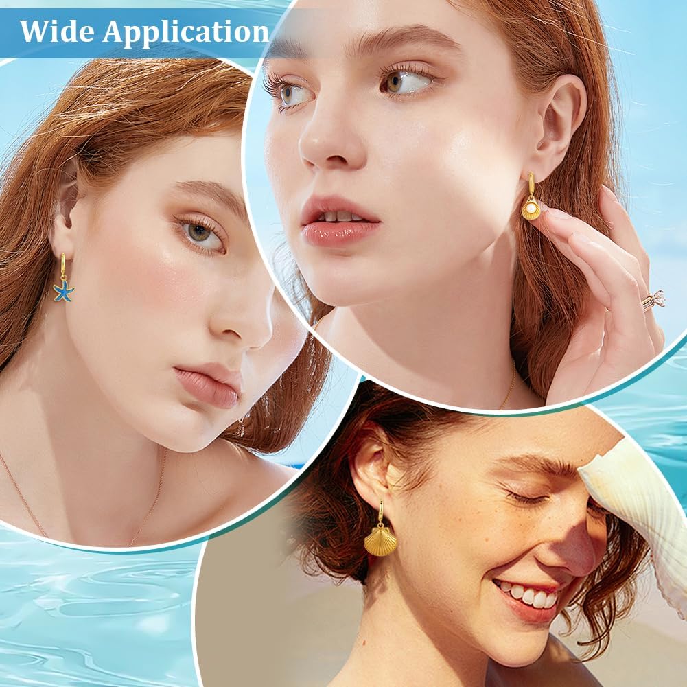 PH PandaHall 6 Styles 18K Gold Plated Huggie Earrings 6 Pairs Starfish Shell with Pearl Hoop Earrings Micro Pave CZ Earring Enamel Sea Star Drop Dangle Earring for Valentines Christmas Mother's Day - Image 5
