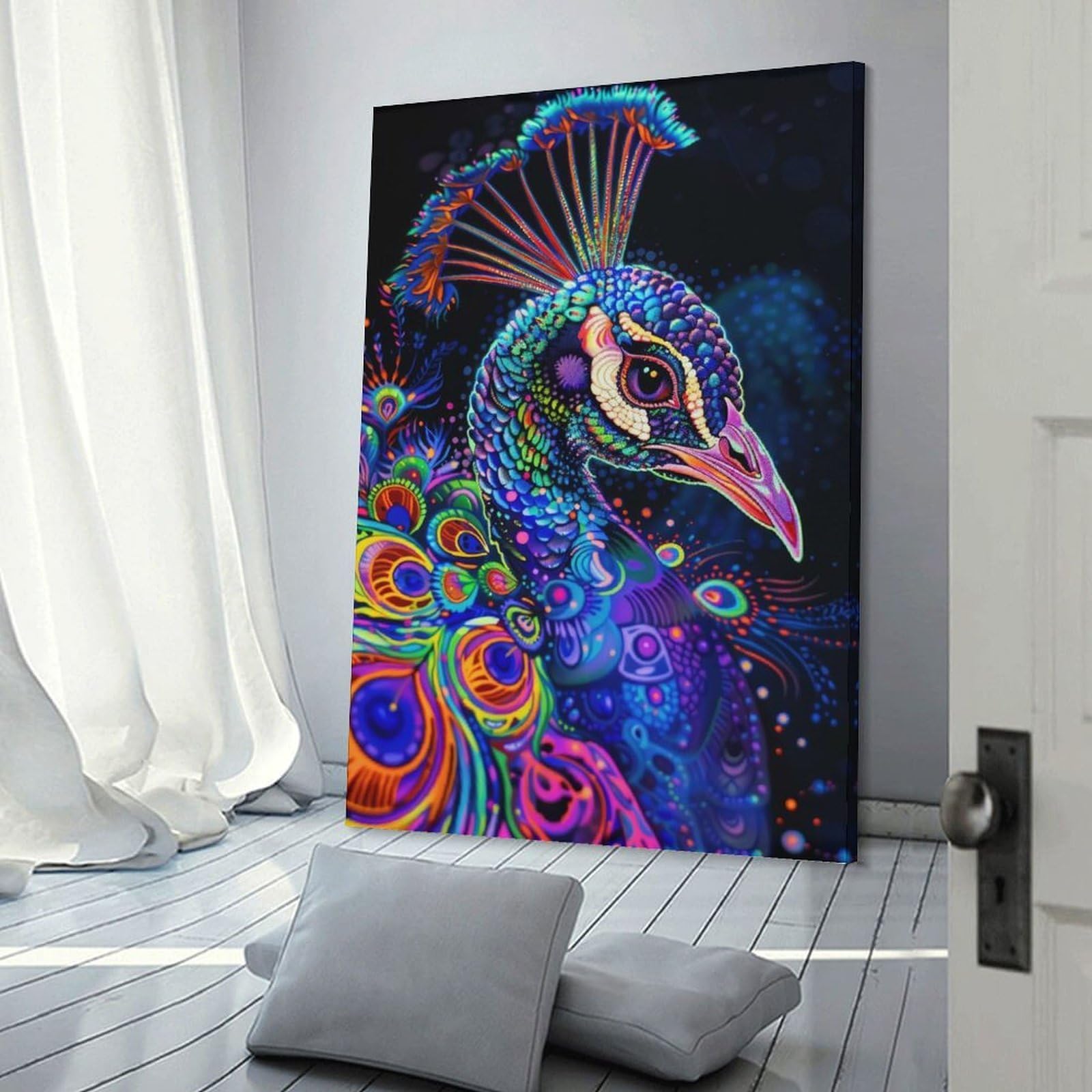 Junmoney Wall Art Print Psychedelic Peacock, 24x36inch(60x90cm), for Home Lounge, Bedroom Or Reading Nook, Modern Wall Decor for Cosy Interiors