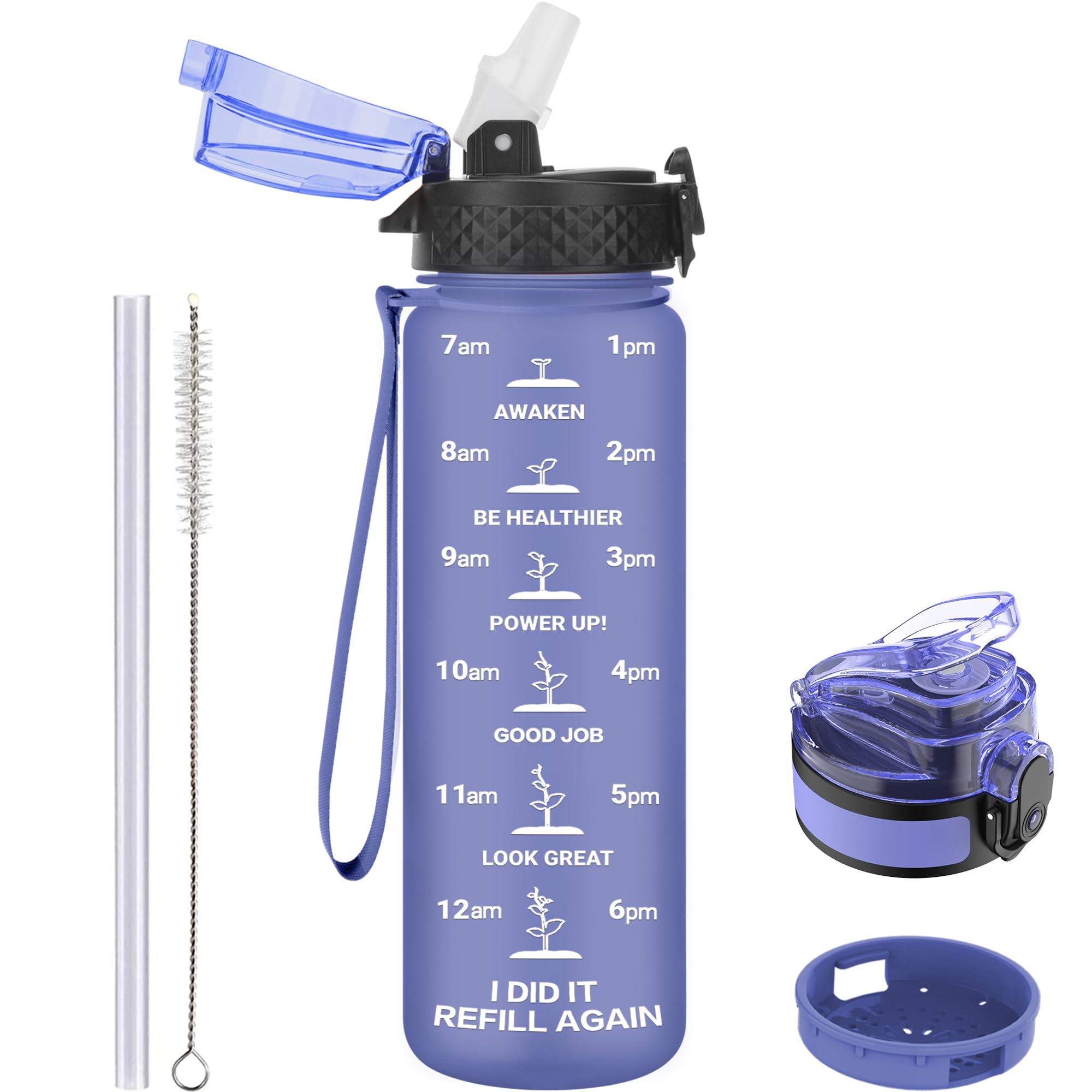 GOPPUS 500ml/17oz Kids Water Bottles with Straw Tritan Childrens Bottle with Flip Top Lid BPA Free Measured Drinks Bottle with Strap Sports Reusable Time Markings Leakproof (Purple) — image 1