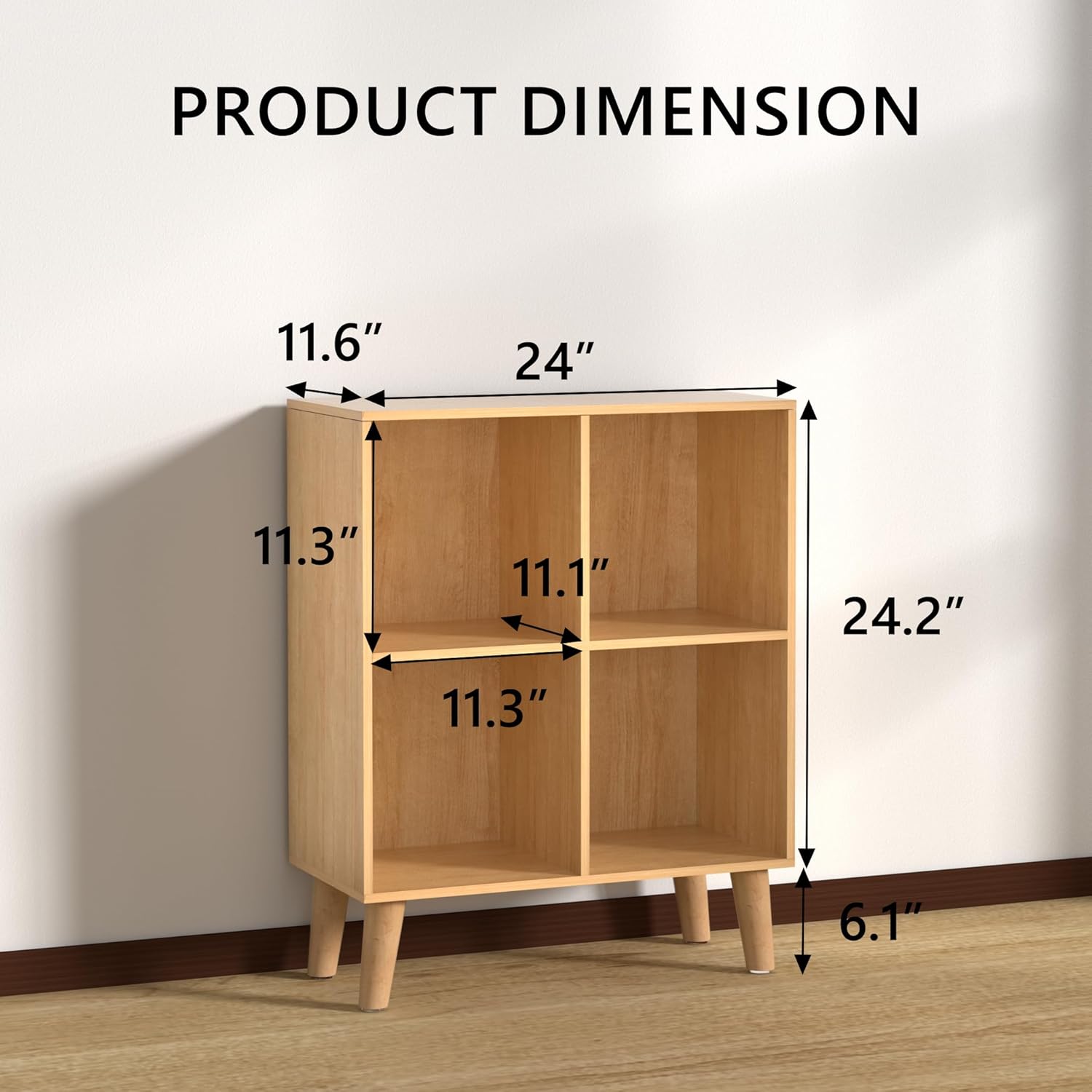 4 Cube Storage Organizer with Legs, 2 Tier Cube Low Bookcase Freestanding Storage Display Organizer for Home Office, Four-Cubes Open Shelf Short Bookshelf (Natural Oak, 4 Cube) - Image 2