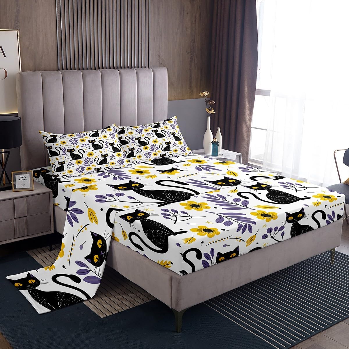 Cartoon Cats Sheet Queen Size Boho Hippie Flowers Bedding Set Nature Jungle Leaves Kids Teens Adults Wild Cat Animal Fashion Bed Sheet Set 4pcs(Fitted + Flat + 2 Pillowcases)