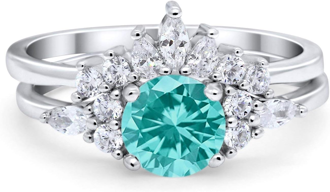 Blue Apple Co. Two Piece Bridal Set Art Deco Wedding Engagement Vintage Marquise Round Simulated Cubic Zirconia 925 Sterling Silver