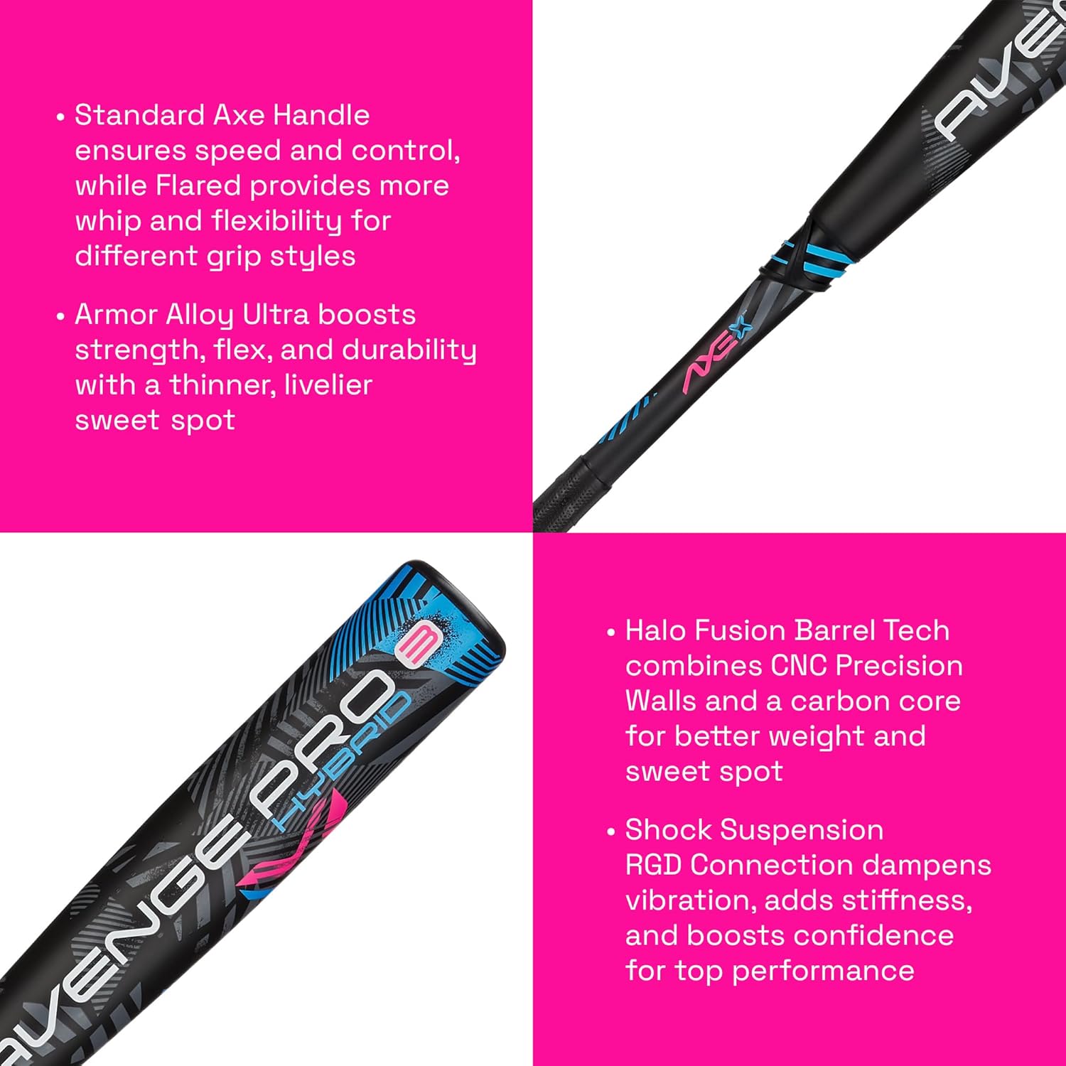 Axe | Avenge Pro 3 Hybrid | BBCOR Baseball Bat | Drop -3 | 3-Piece Hybrid | 2 5/8" Barrel | Black/Blue/Pink