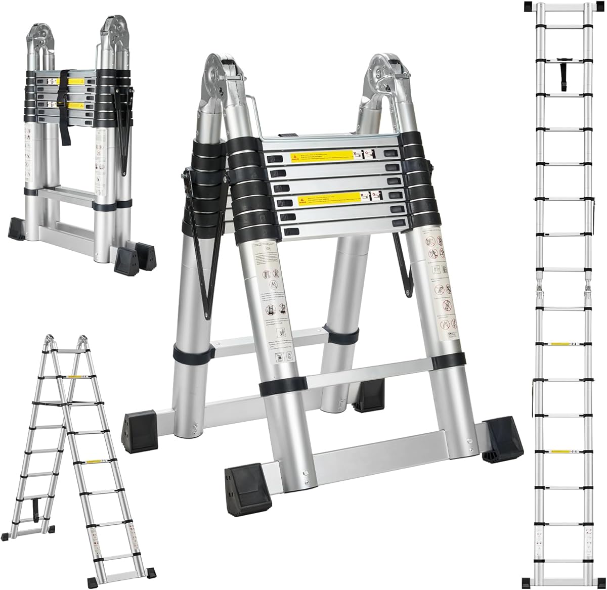 STANEW 5 M (2.5+2.5) Multi-Purpose Aluminium Telescopic Ladder with Big Joint, A-Frame Extension Ladder, Folding Ladder, Straight Ladder for Indoor and Outdoor Use, 150 KG Load Capacity, Silver