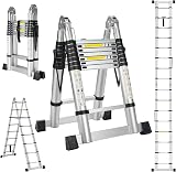 STANEW 5 M (2.5+2.5) Multi-Purpose Aluminium Telescopic Ladder with Big Joint, A-Frame Extension Ladder, Folding Ladder, Straight Ladder for Indoor and Outdoor Use, 150 KG Load Capacity, Silver - 1