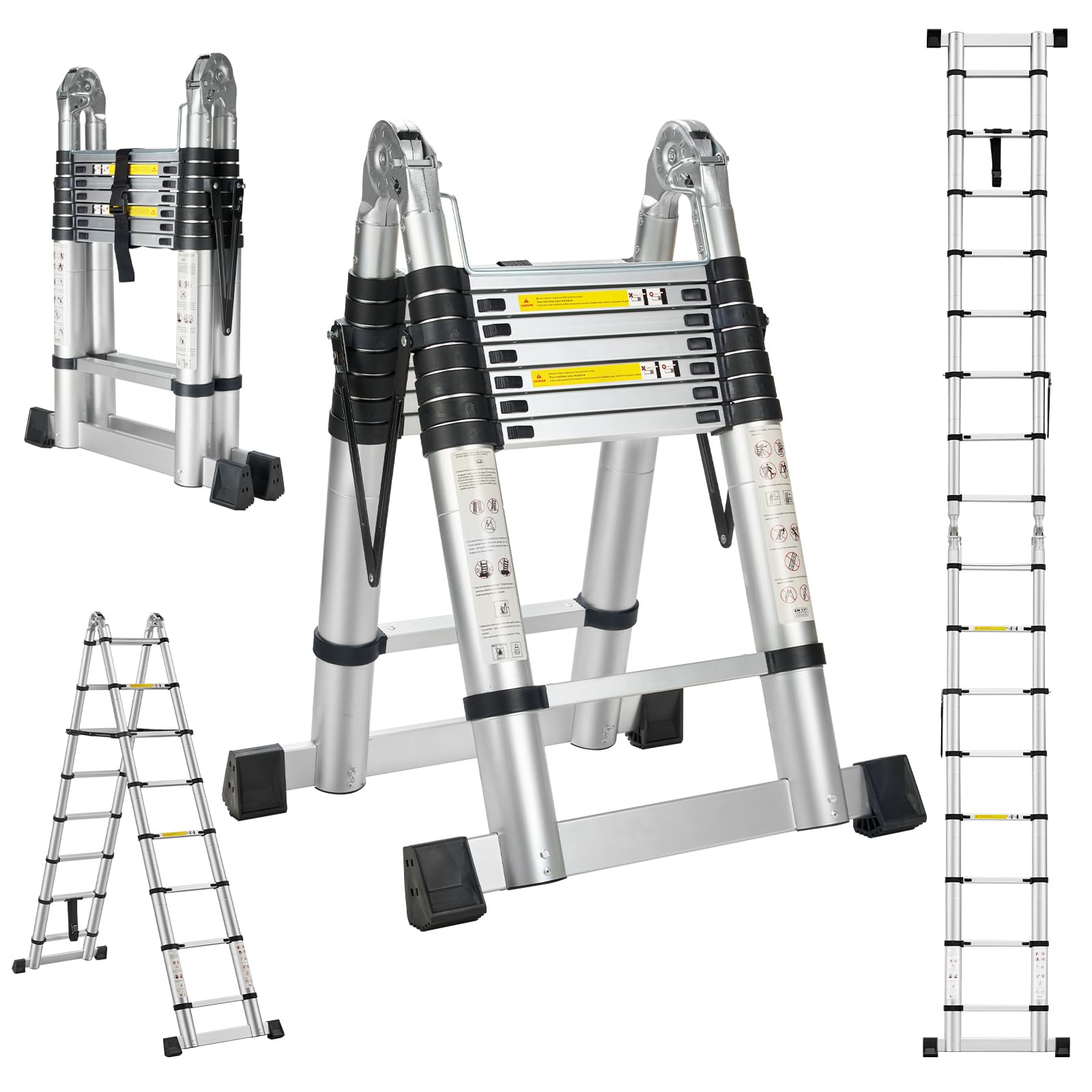 STANEW Escalera Telescópica de (2.5+2.5) m de Aluminio, Plegable, Reposabrazos Extraíble, Multifunción Portátil Plegable Extensible, Carga Máxima de 150 kg